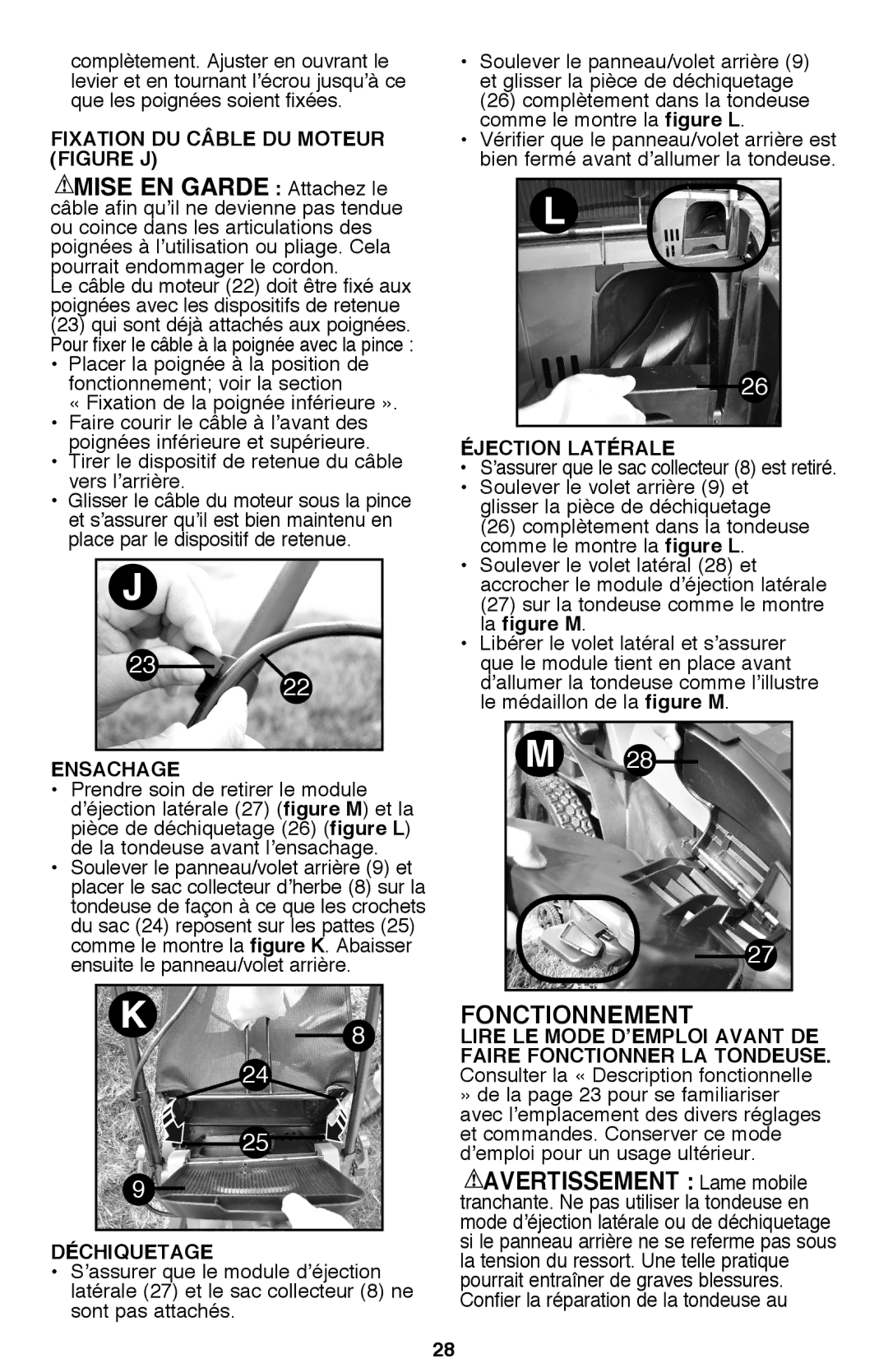 Black & Decker CM2040 Fonctionnement, Fixation DU Câble DU Moteur Figure J, Ensachage, Déchiquetage, Éjection Latérale 