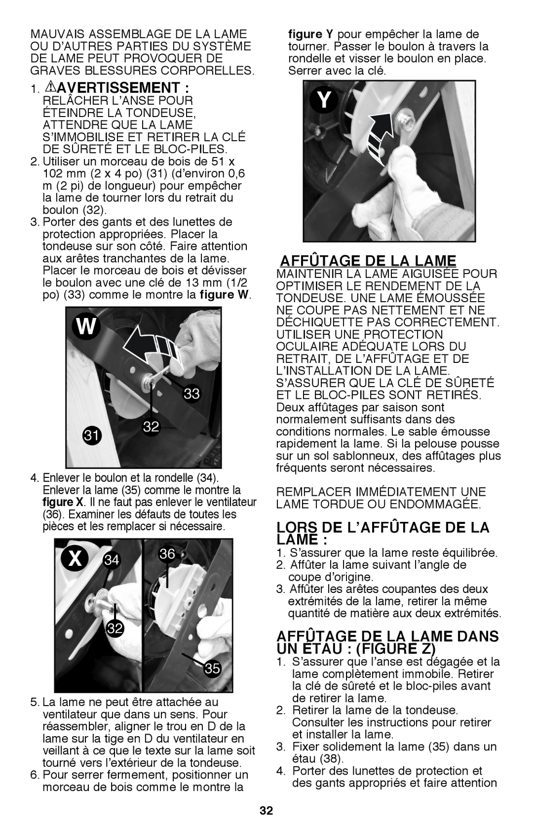 Black & Decker CM2040 instruction manual Lors DE L’AFFÛTAGE DE LA Lame, Affûtage DE LA Lame Dans UN Étau Figure Z 