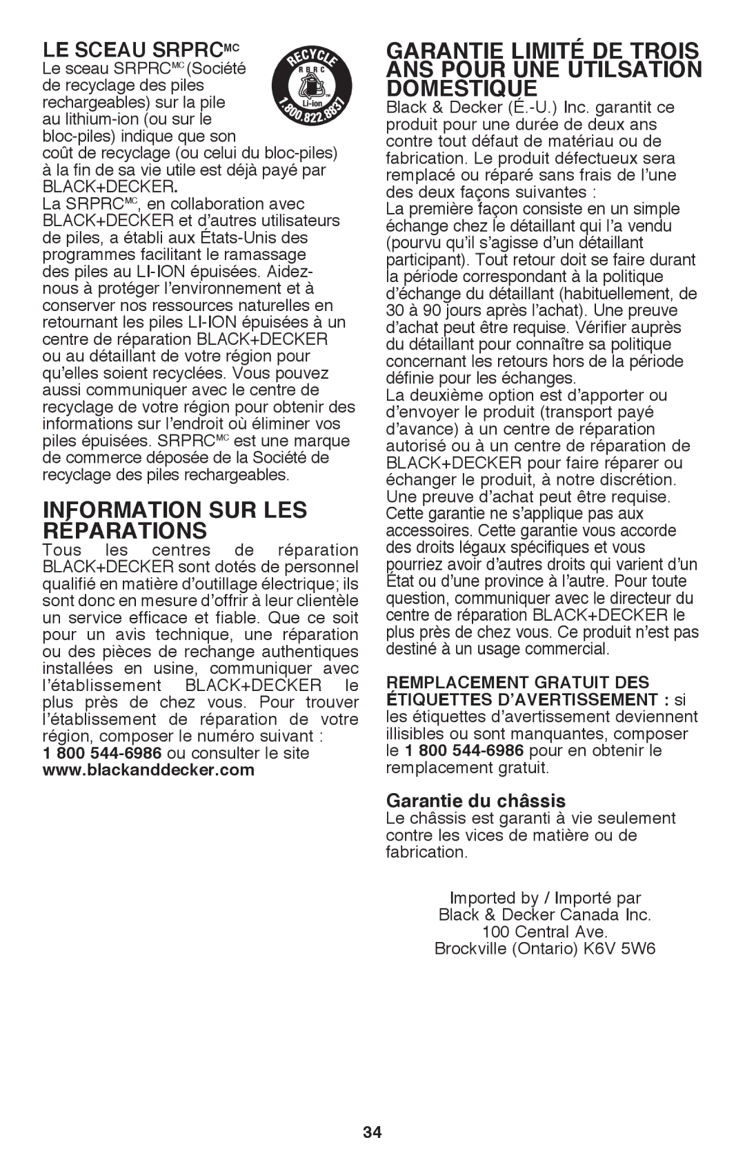 Black & Decker CM2040 instruction manual Information sur les réparations, Le sceau Srprcmc 