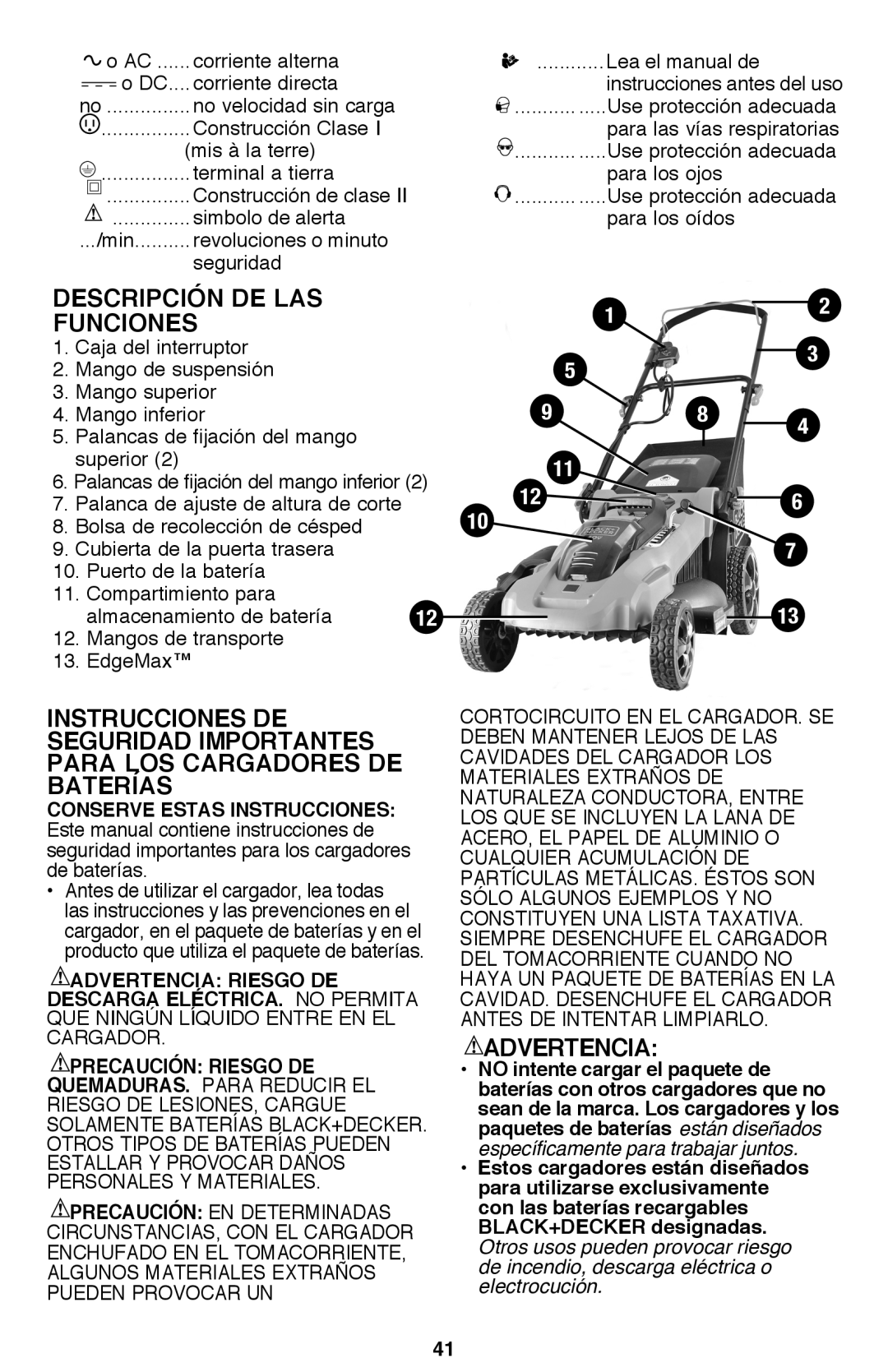 Black & Decker CM2040 Descripción DE LAS Funciones, Advertencia, Corriente alterna Lea el manual de Corriente directa 