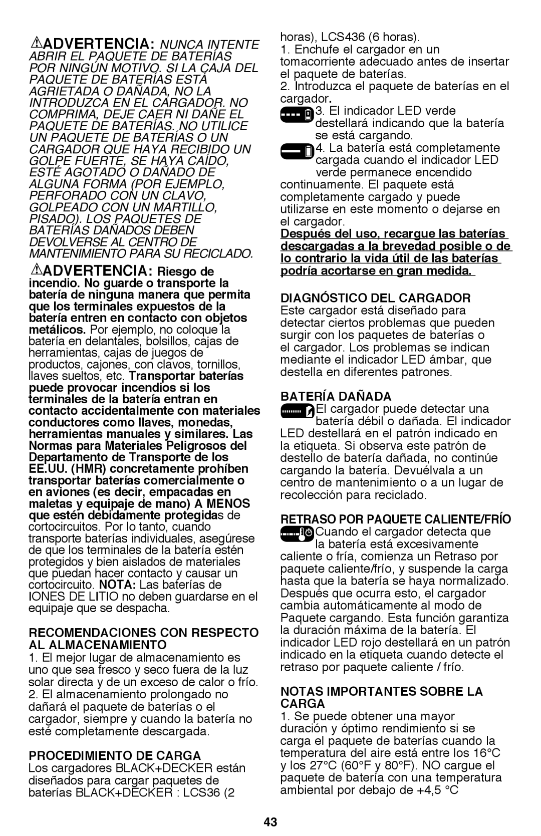 Black & Decker CM2040 instruction manual Recomendaciones con respecto al almacenamiento, Procedimiento de carga 