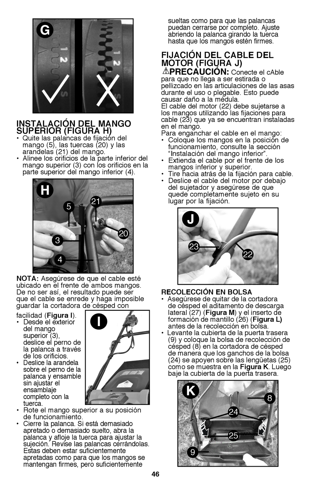 Black & Decker CM2040 Instalación DEL Mango Superior Figura H, Fijación DEL Cable DEL Motor Figura J, Recolección EN Bolsa 