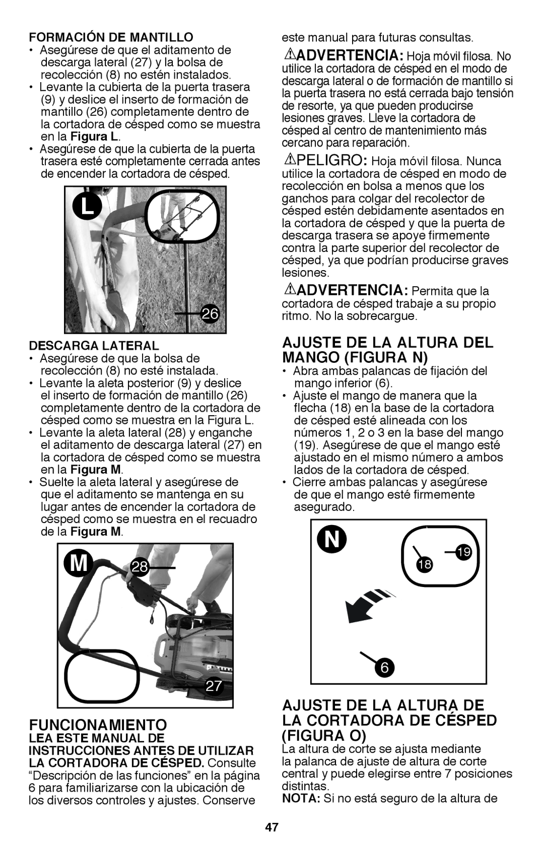 Black & Decker CM2040 Funcionamiento, Ajuste DE LA Altura DEL Mango Figura N, Formación DE Mantillo, Descarga Lateral 