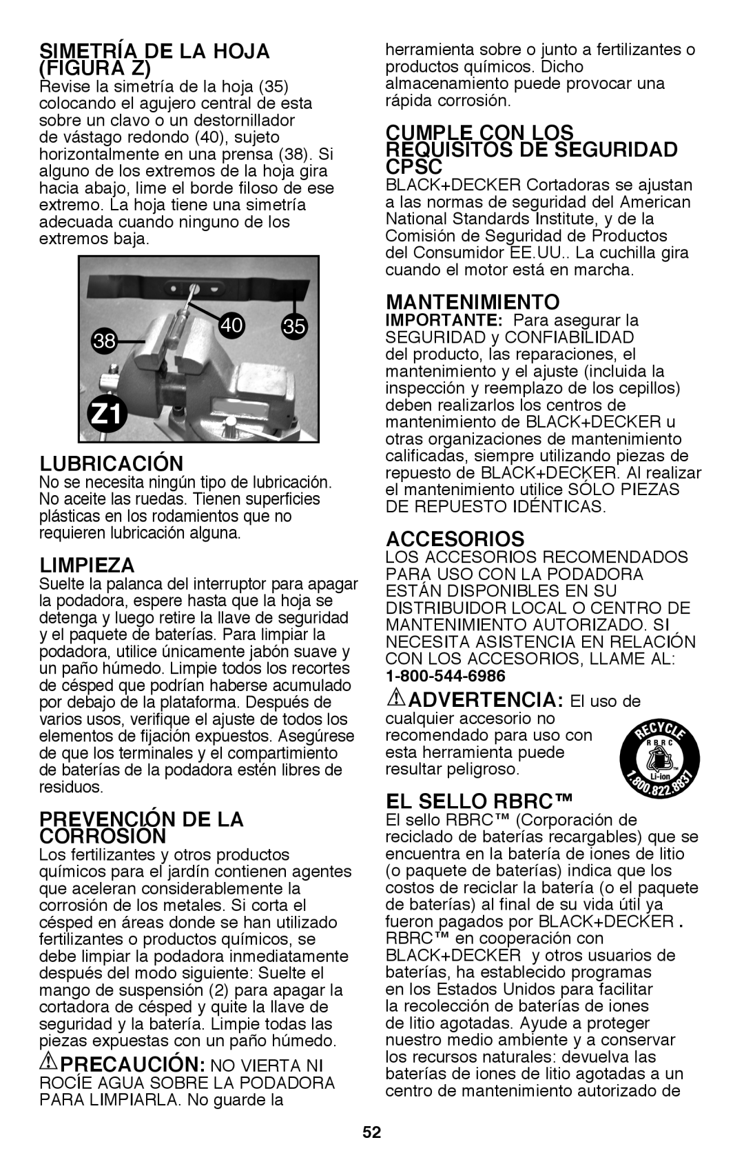 Black & Decker CM2040 instruction manual Simetría DE LA Hoja Figura Z, Lubricación, Limpieza, Prevención DE LA Corrosión 