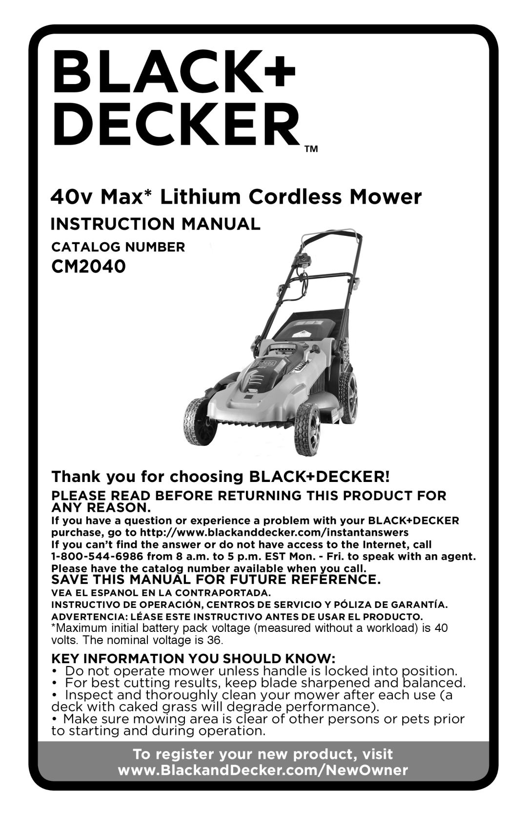 Black & Decker CM2040 instruction manual 40v Max* Lithium Cordless Mower, Instruction Manual, Catalog Number 
