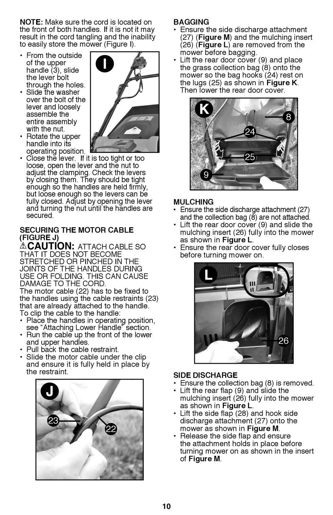 Black & Decker CM2040 instruction manual Securing The Motor Cable Figure J, Bagging, Mulching, Side discharge 