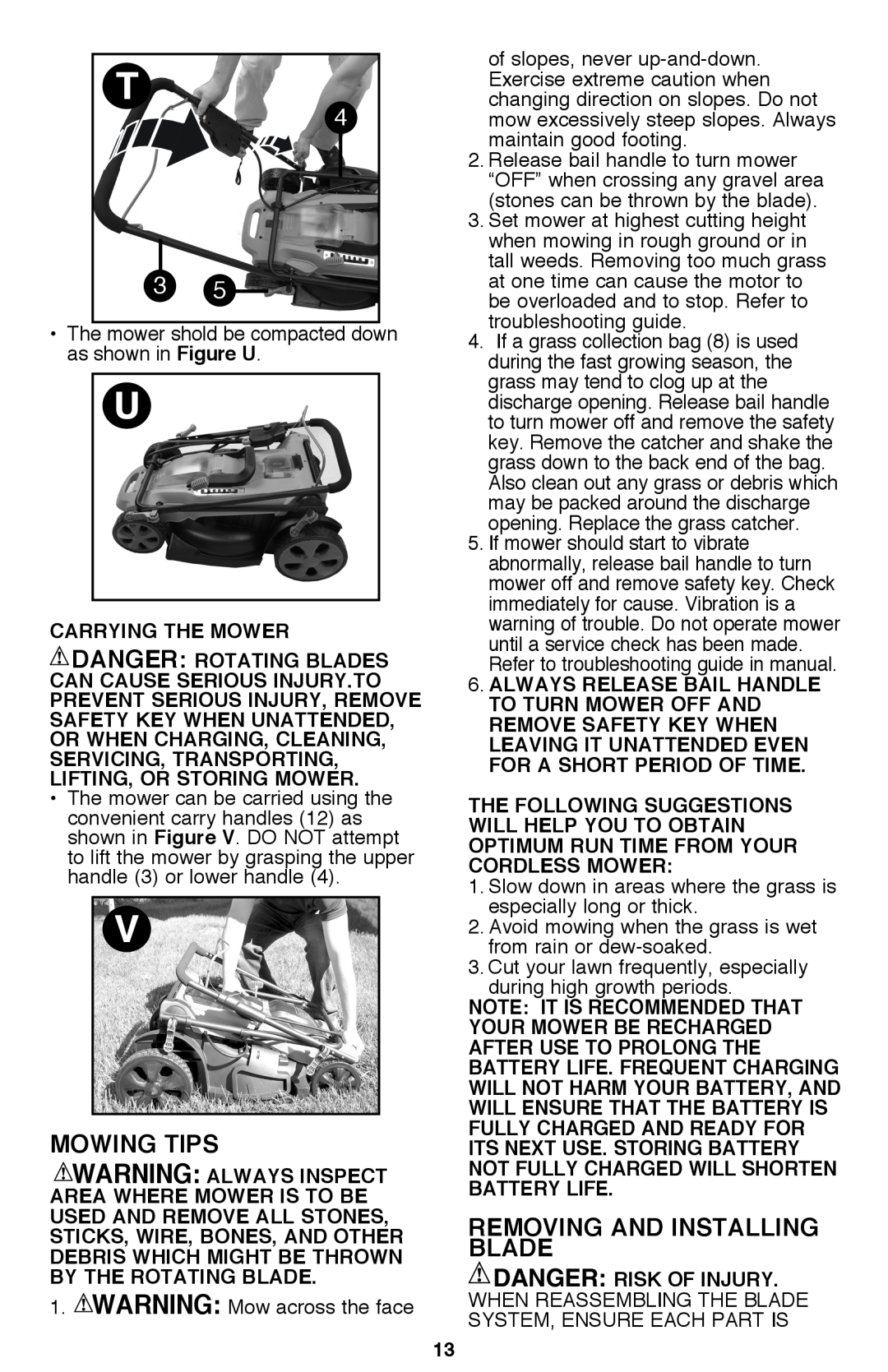 Black & Decker CM2040 instruction manual Mowing Tips, Removing And Installing Blade 