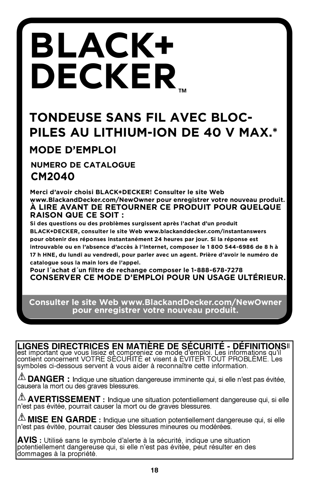 Black & Decker CM2040 Tondeuse sans fil avec bloc- piles au lithium-ion de 40 V max, Mode D’Emploi, Numero de catalogue 