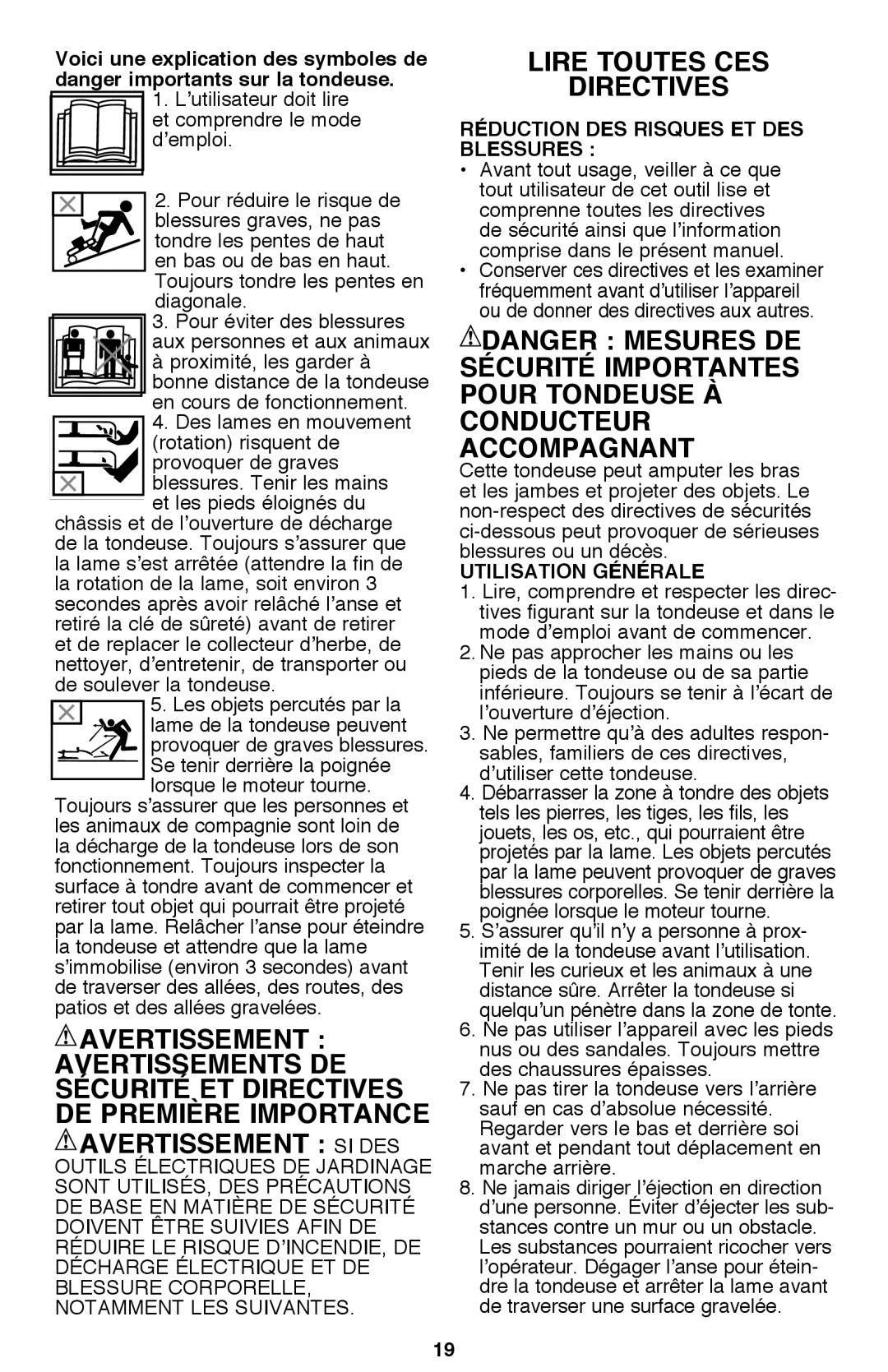 Black & Decker CM2040 instruction manual Avertissement, Lire Toutes Ces Directives, Réduction des risques et des blessures 