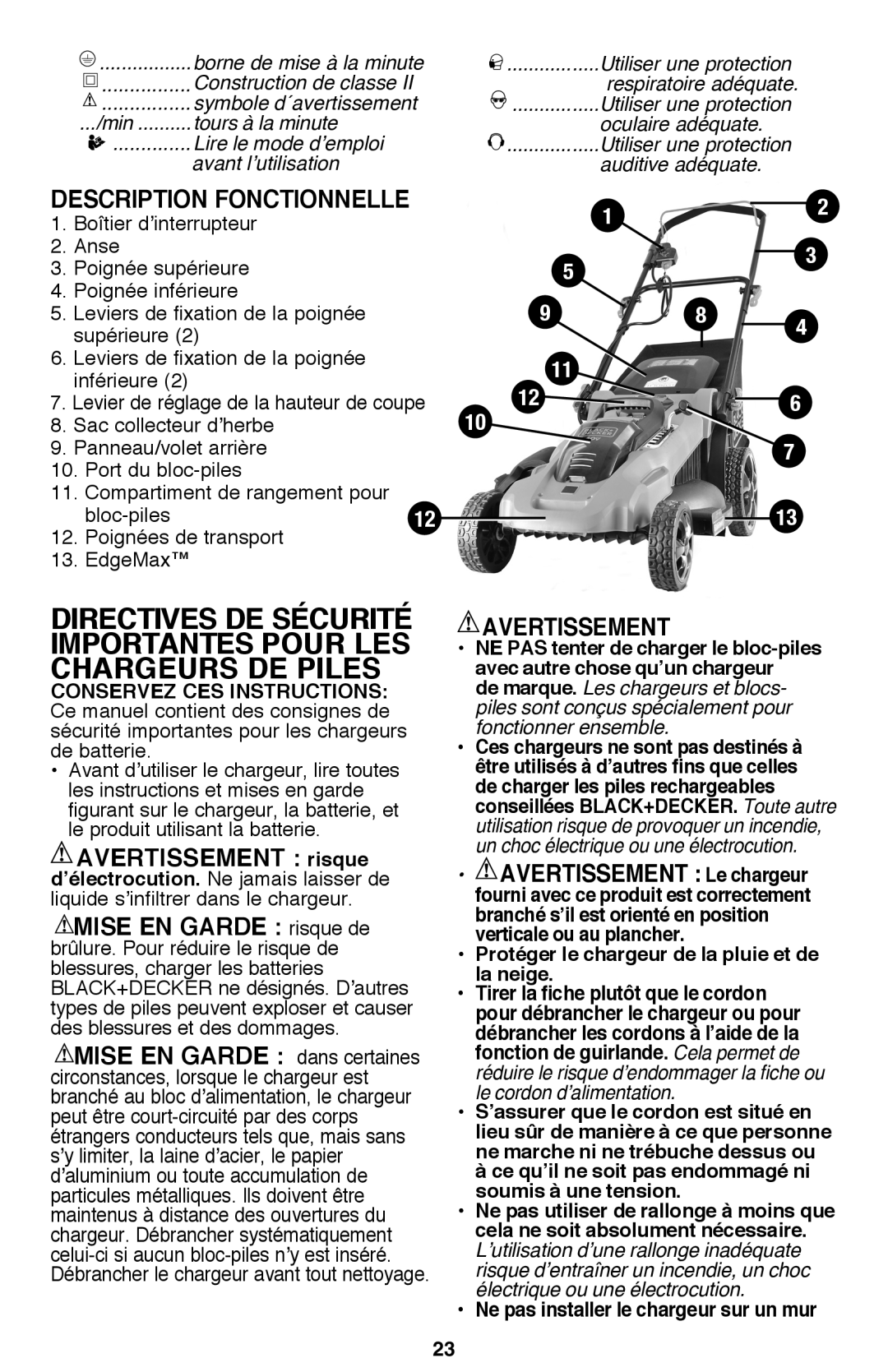 Black & Decker CM2040 instruction manual Directives De Sécurité Importantes Pour Les Chargeurs De Piles, Avertissement 