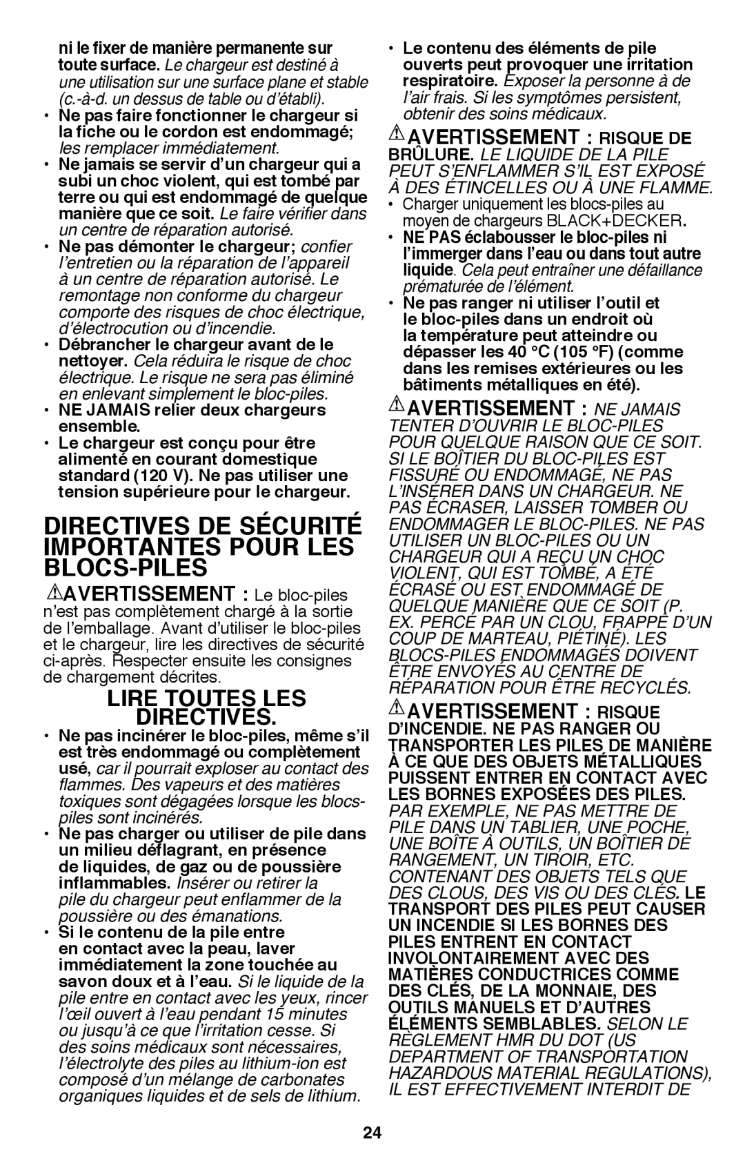 Black & Decker CM2040 Directives De Sécurité Importantes Pour Les Blocs-Piles, Lire toutes les directives 