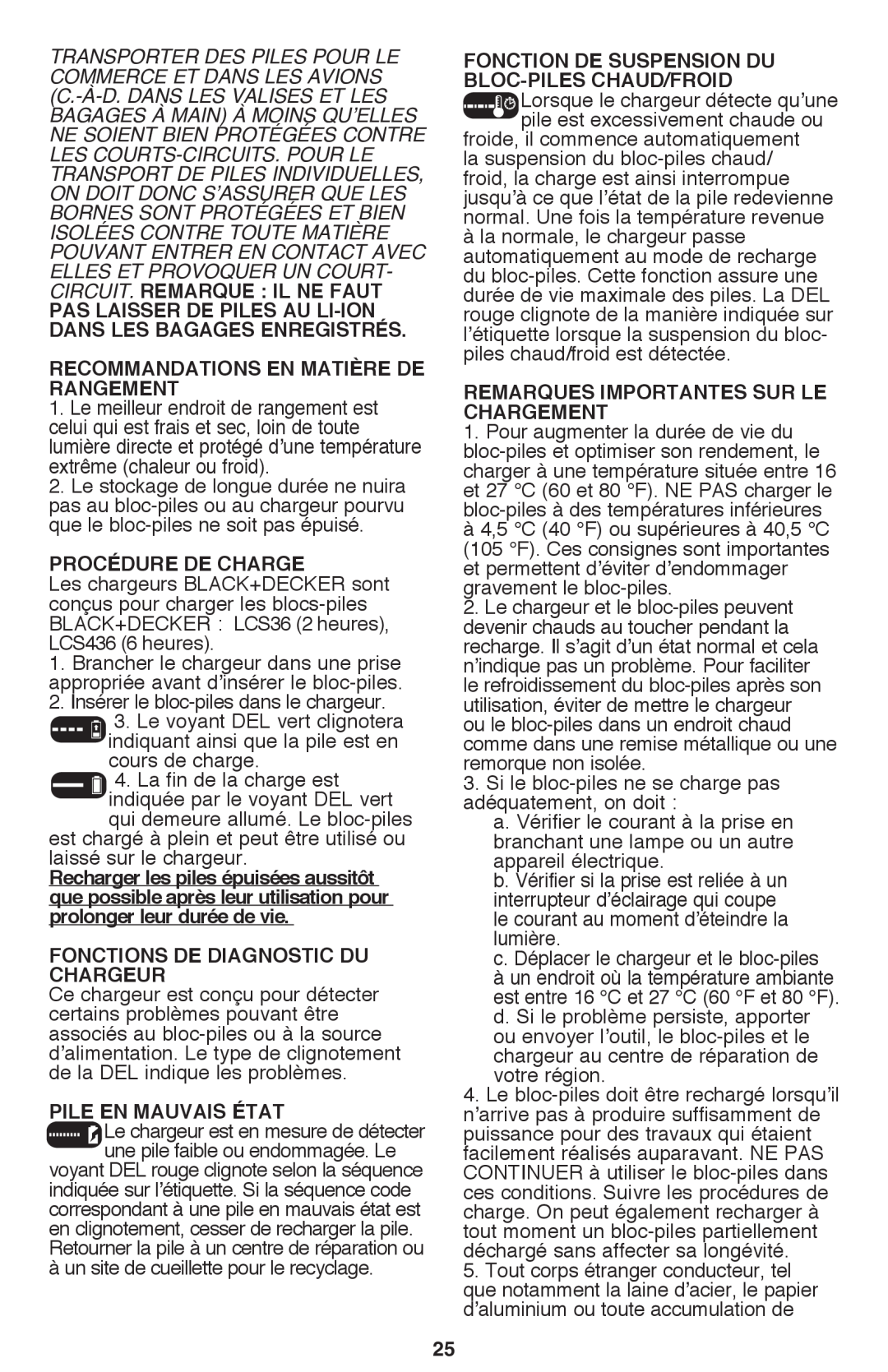 Black & Decker CM2040 Recommandations en matière de rangement, Procédure de charge, Fonctions de diagnostic du chargeur 