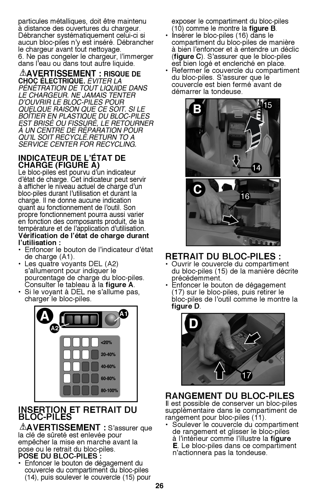 Black & Decker CM2040 instruction manual Insertion Et Retrait Du Bloc-Piles, Indicateur de l’état de charge figure A 