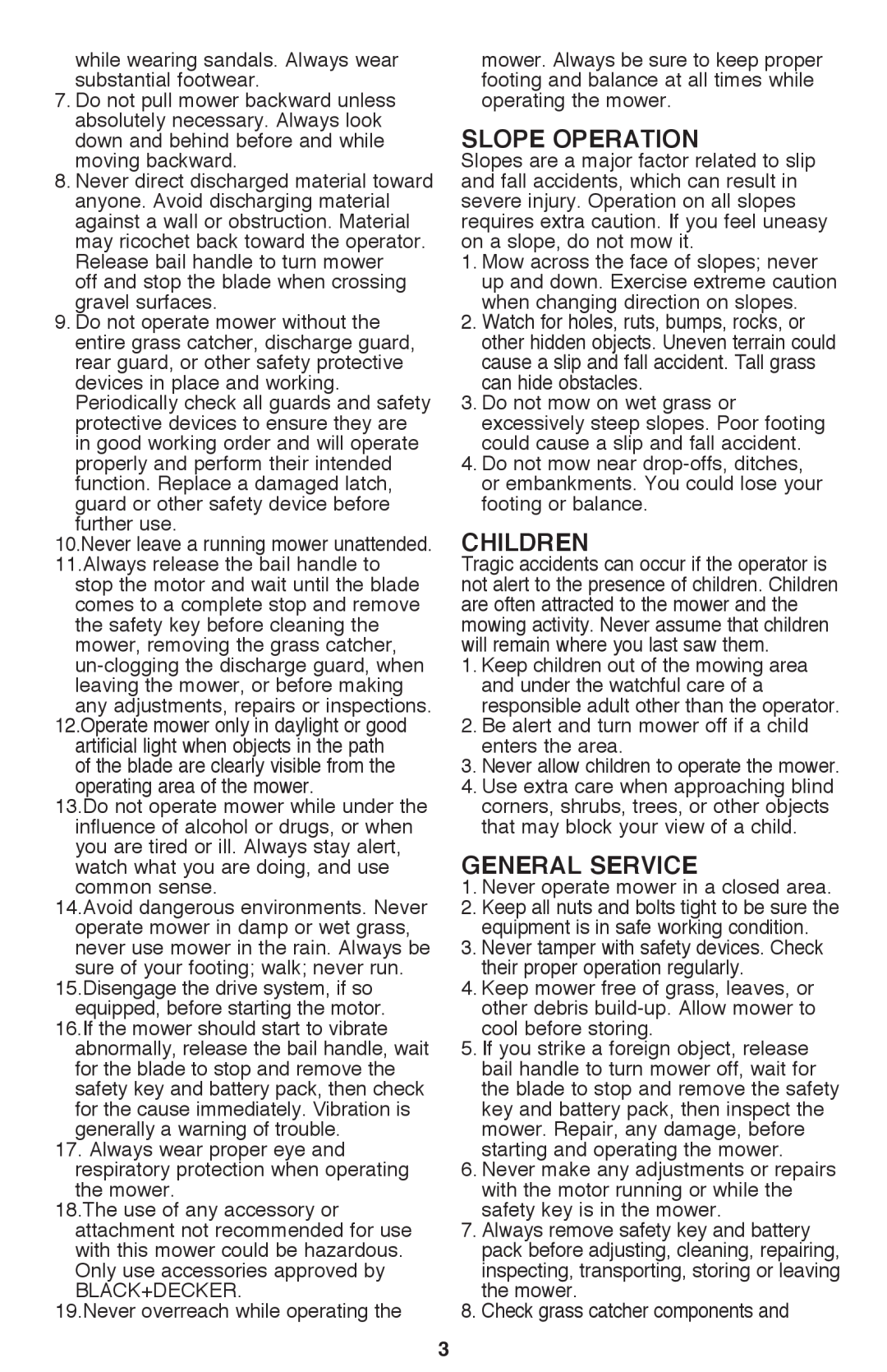 Black & Decker CM2040 instruction manual Slope Operation, Children, General Service 