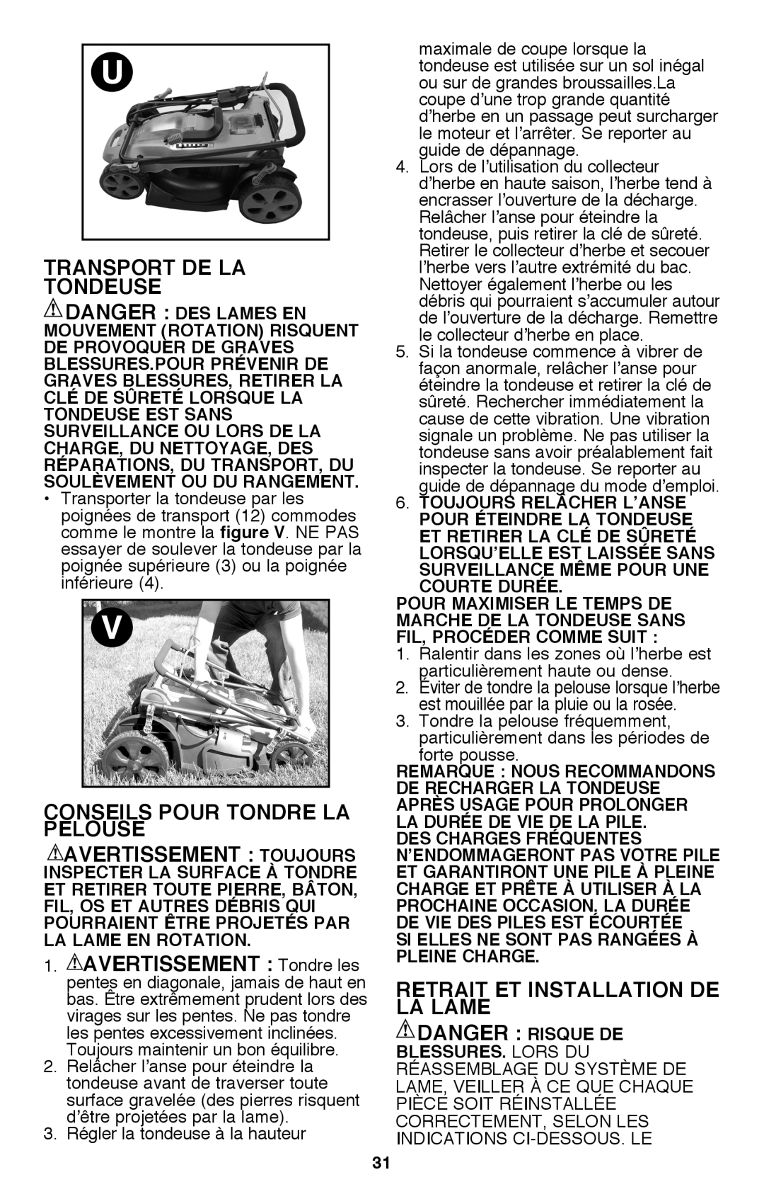 Black & Decker CM2040 Transport De La Tondeuse, Conseils Pour Tondre La Pelouse, Retrait Et Installation De La Lame 