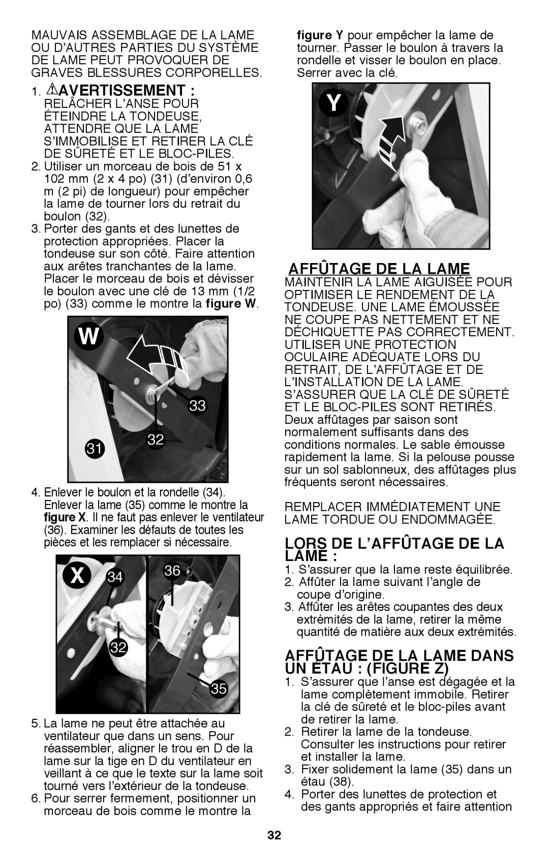 Black & Decker CM2040 Avertissement, Lors De L’Affûtage De La Lame, Affûtage De La Lame Dans Un Étau Figure Z, X 34 