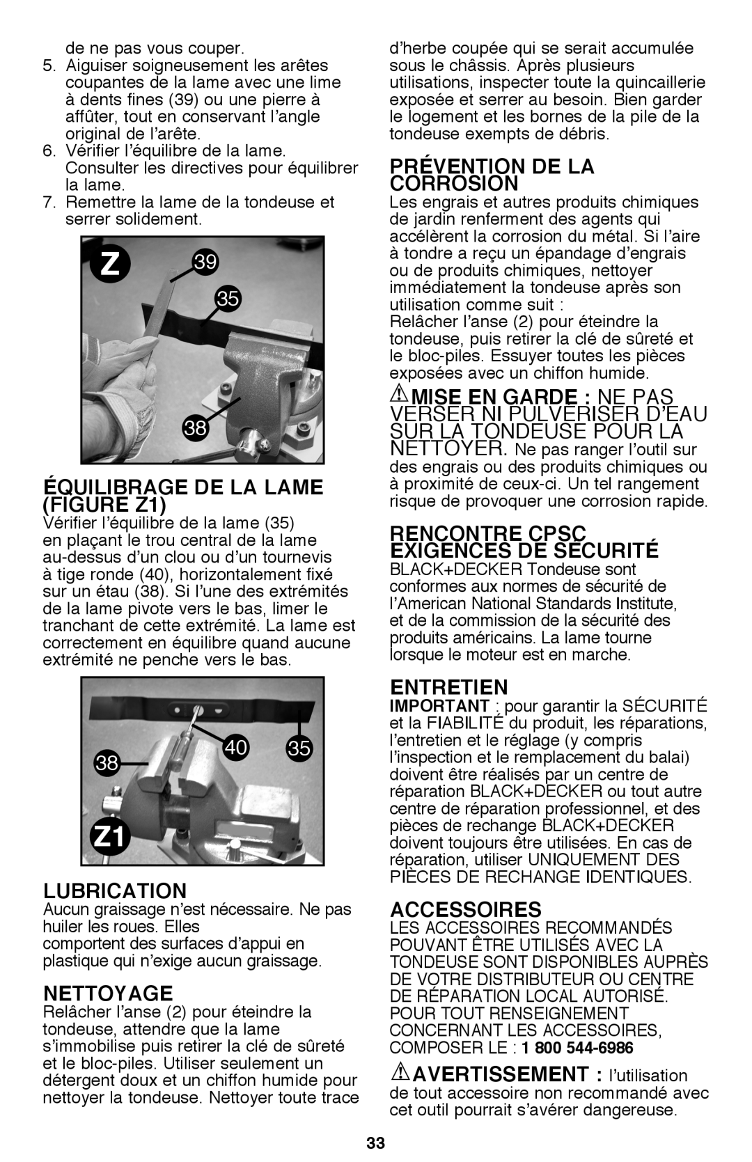 Black & Decker CM2040 ÉQUILIBRAGE DE LA LAME FIGURE Z1, Lubrication, Nettoyage, Prévention De La Corrosion, Entretien 