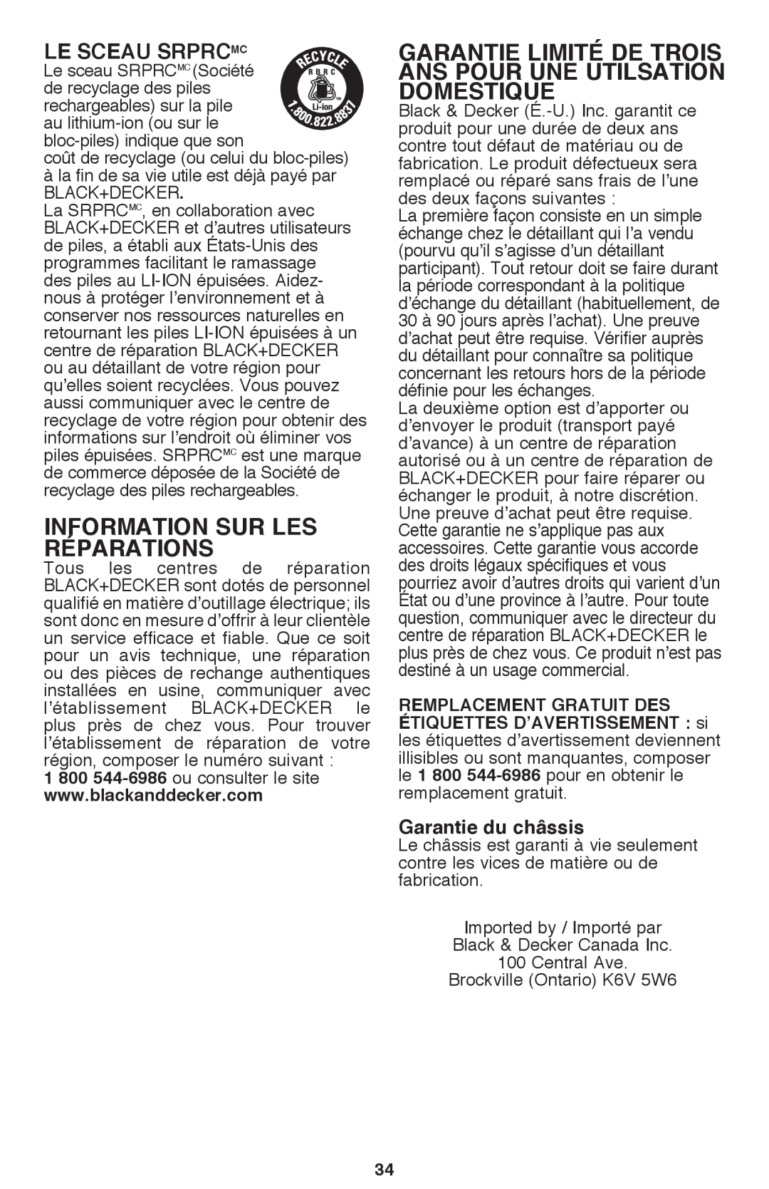Black & Decker CM2040 Information sur les réparations, Garantie limité de trois ans pour une utilsation domestique 