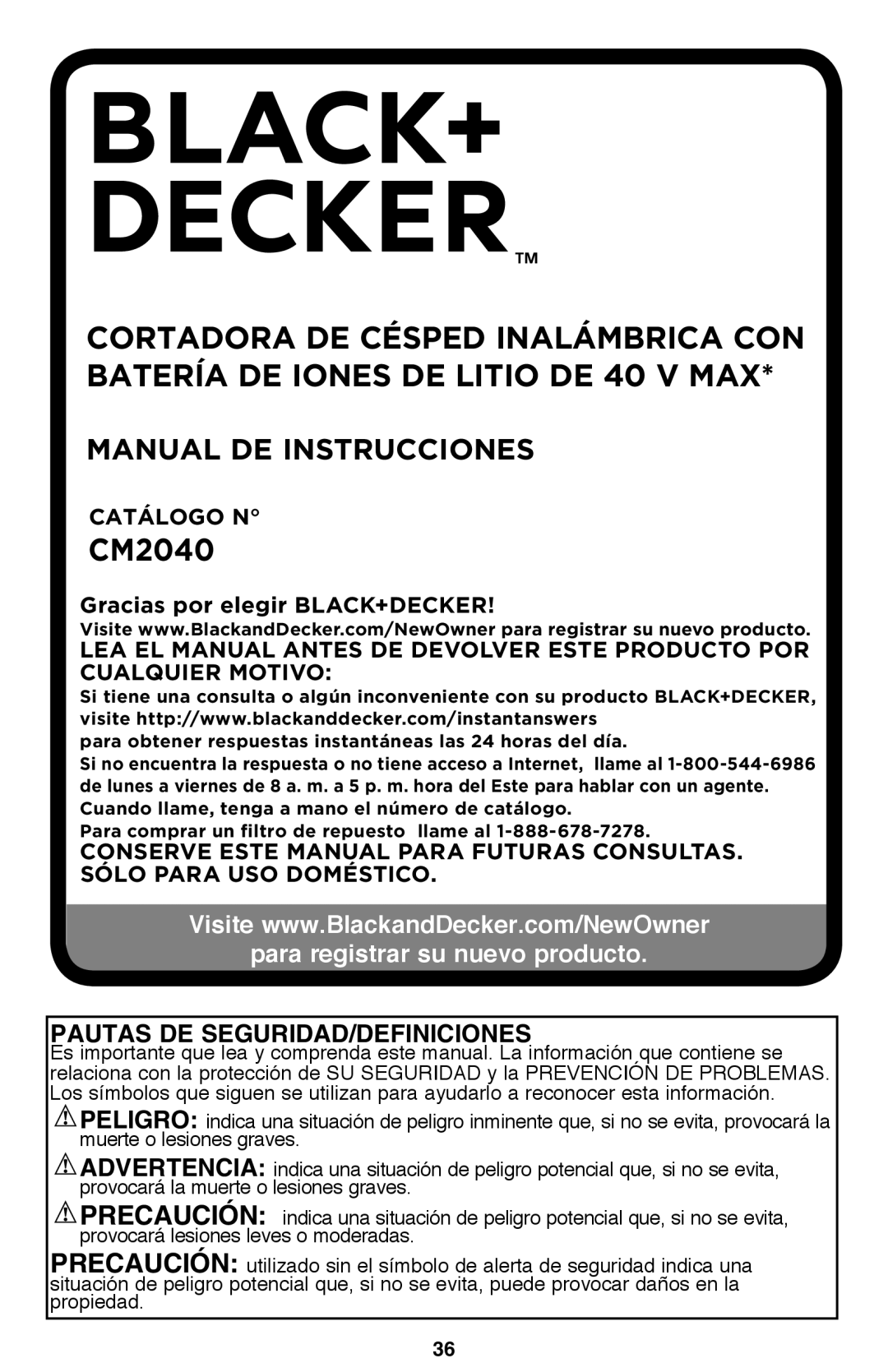 Black & Decker CM2040 Manual De Instrucciones, para registrar su nuevo producto, Pautas De Seguridad/Definiciones 