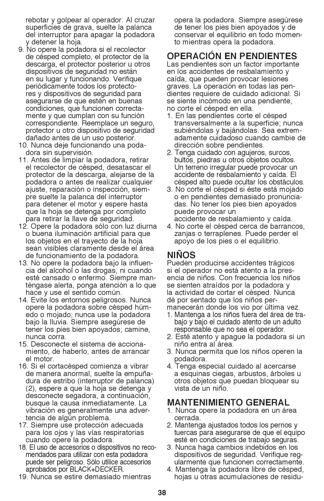 Black & Decker CM2040 instruction manual Niños, Mantenimiento General 