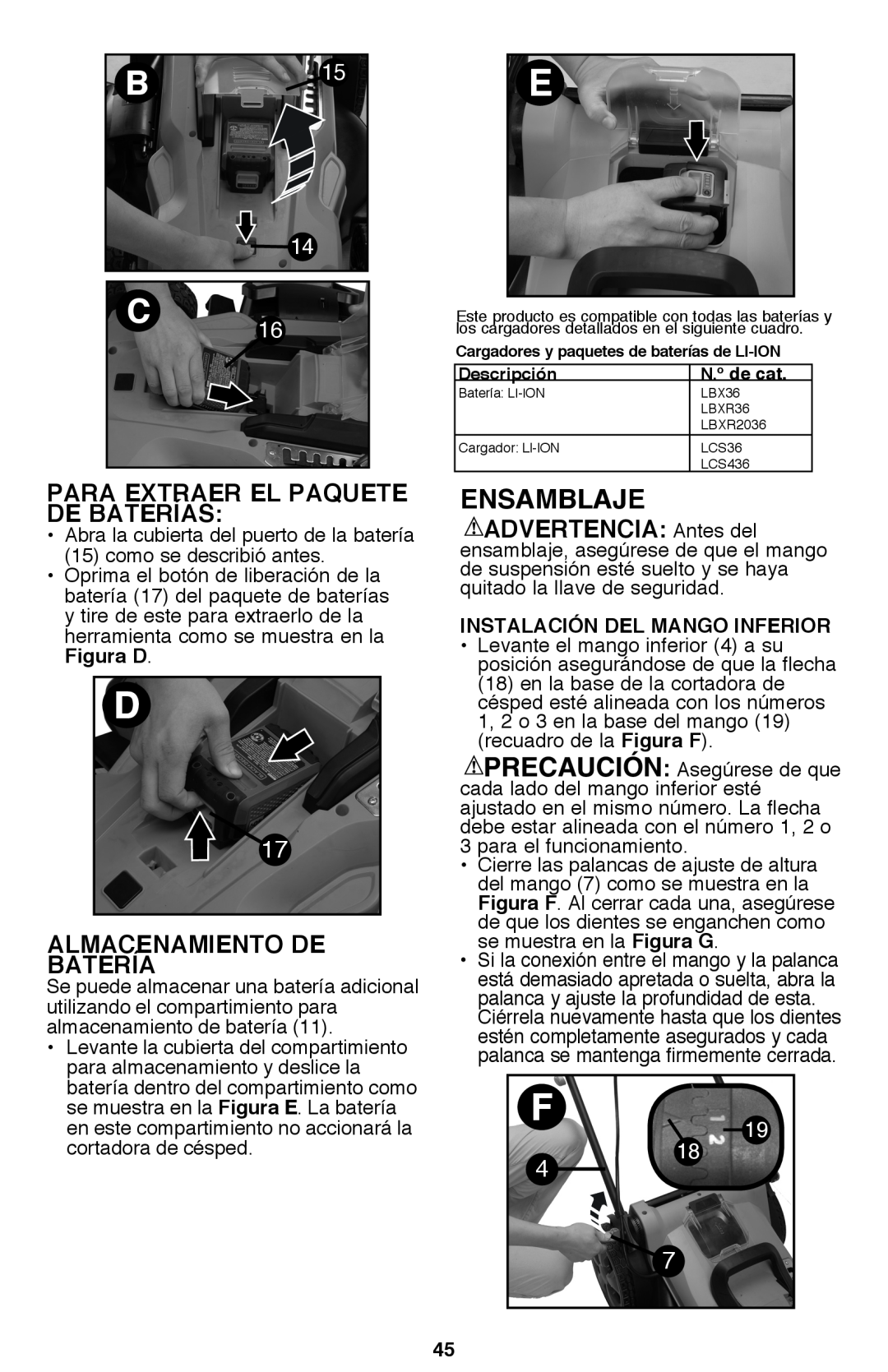 Black & Decker CM2040 instruction manual Ensamblaje, Para Extraer El Paquete De Baterías , Almacenamiento De Batería 