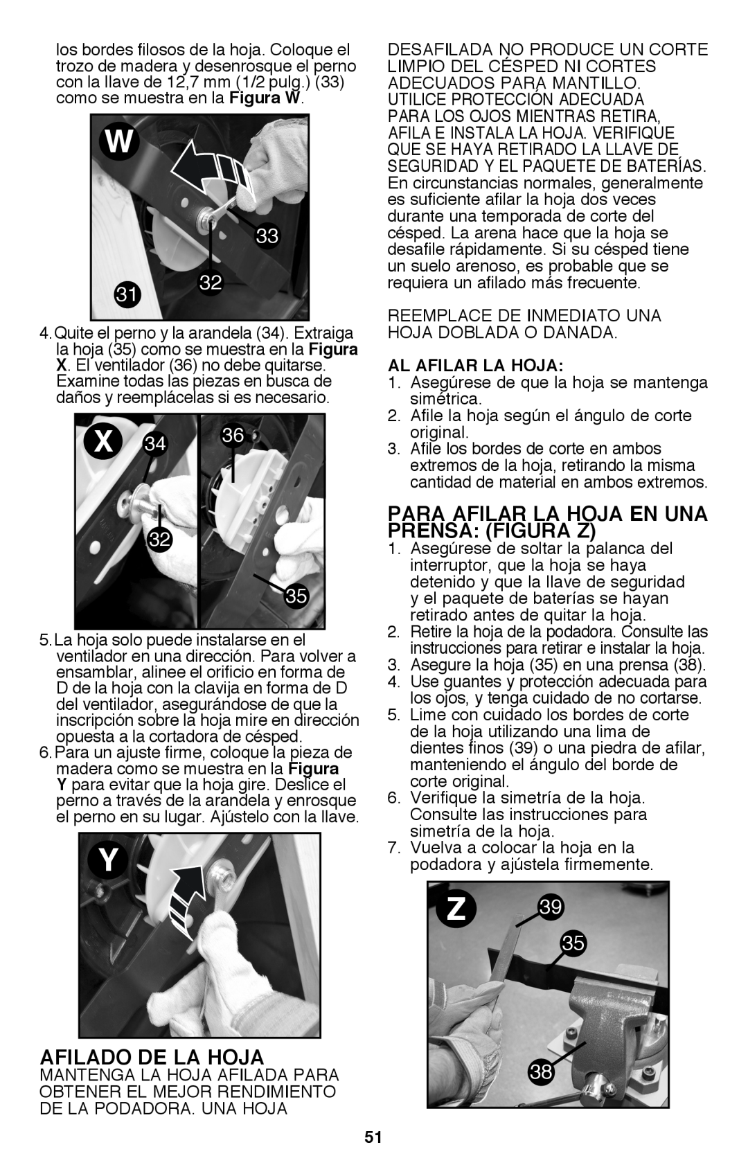 Black & Decker CM2040 instruction manual Para Afilar La Hoja En Una Prensa Figura Z, X 34, Z 39, Al Afilar La Hoja 