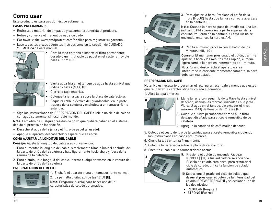 Black & Decker CM2070B manual Como usar, Pasos Preliminares, Como Ajustar LA Longitud DEL Cable, Programación DEL Reloj 