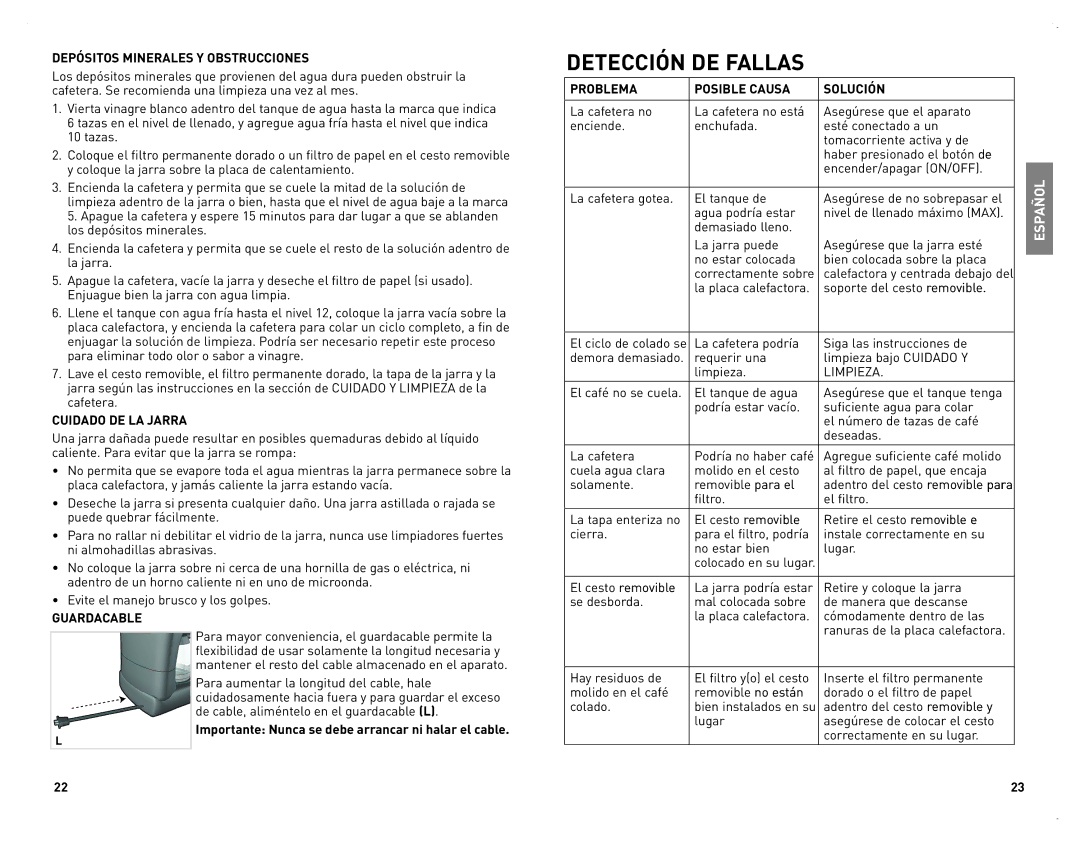 Black & Decker CM2070B manual Depósitos Minerales Y Obstrucciones, Cuidado DE LA Jarra, Limpieza, Guardacable 