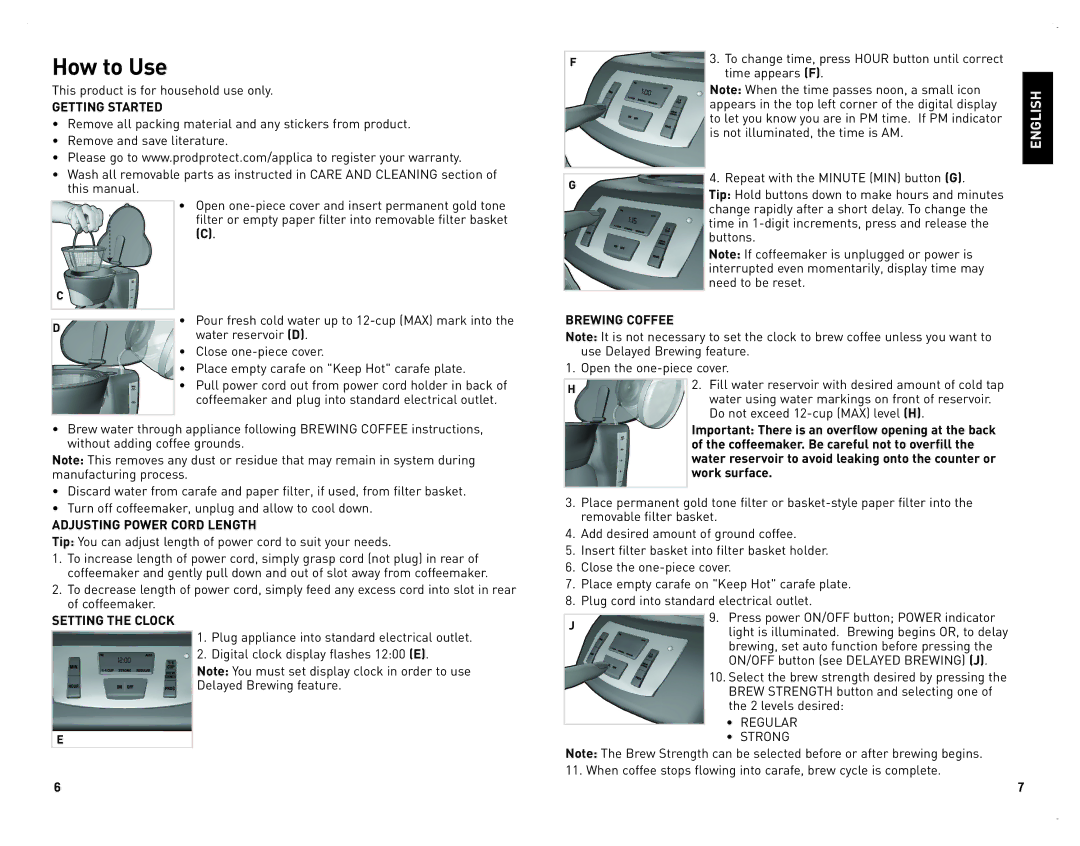 Black & Decker CM2070B manual How to Use, Getting Started, Brewing Coffee, Adjusting Power Cord Length, Setting the Clock 