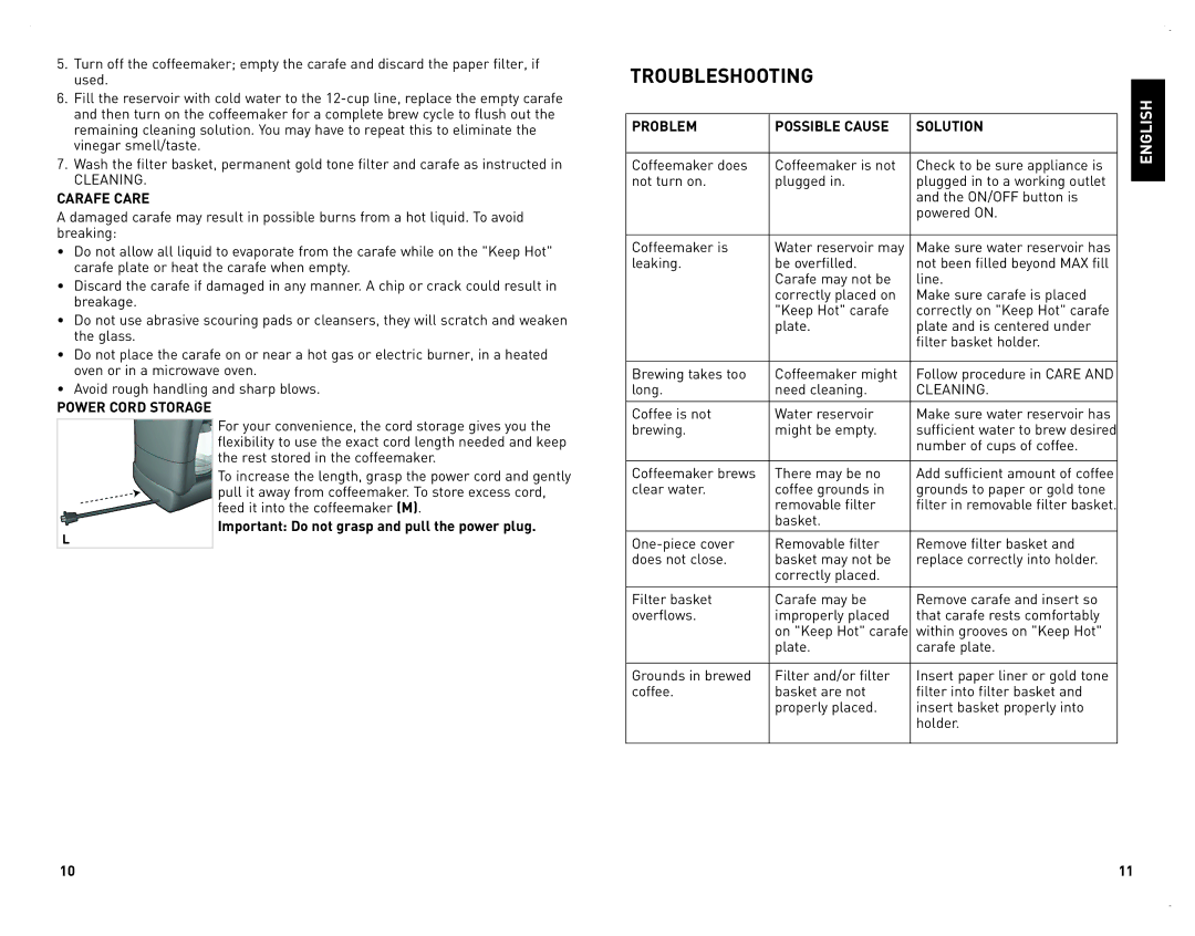 Black & Decker CM2070B manual Cleaning Carafe Care, Power Cord Storage, Problem Possible Cause Solution 