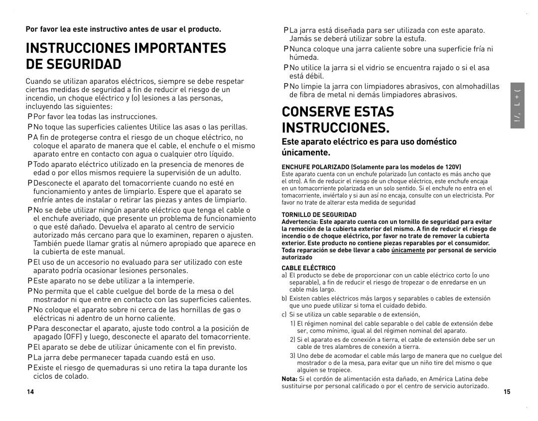 Black & Decker CM2070B manual Instrucciones Importantes DE Seguridad, Cable Eléctrico 