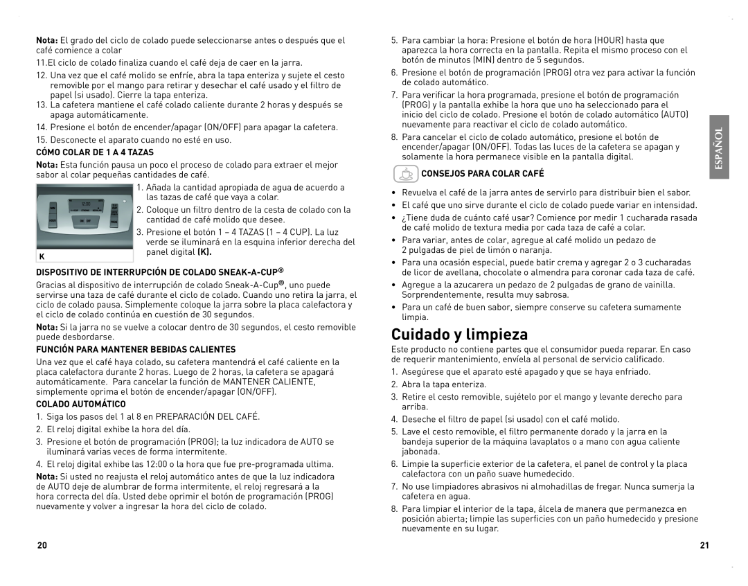 Black & Decker CM2070B manual Cuidado y limpieza 