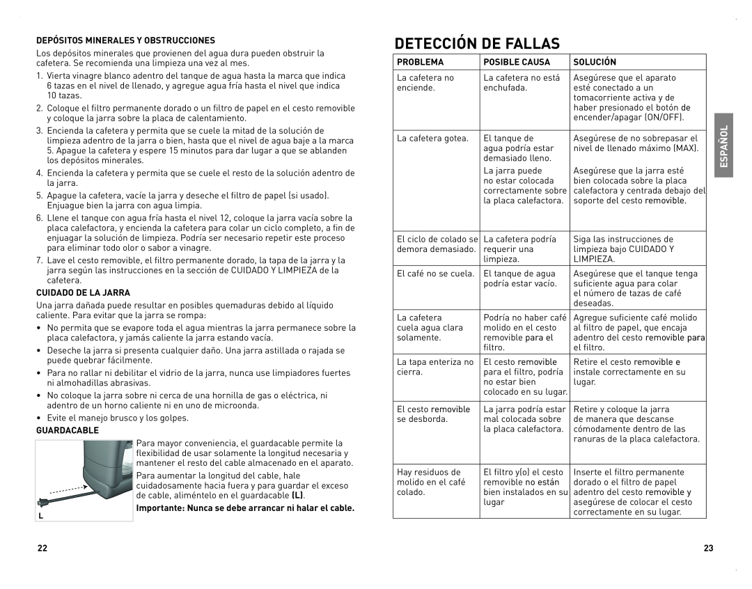 Black & Decker CM2070B manual Detección De Fallas, Español 