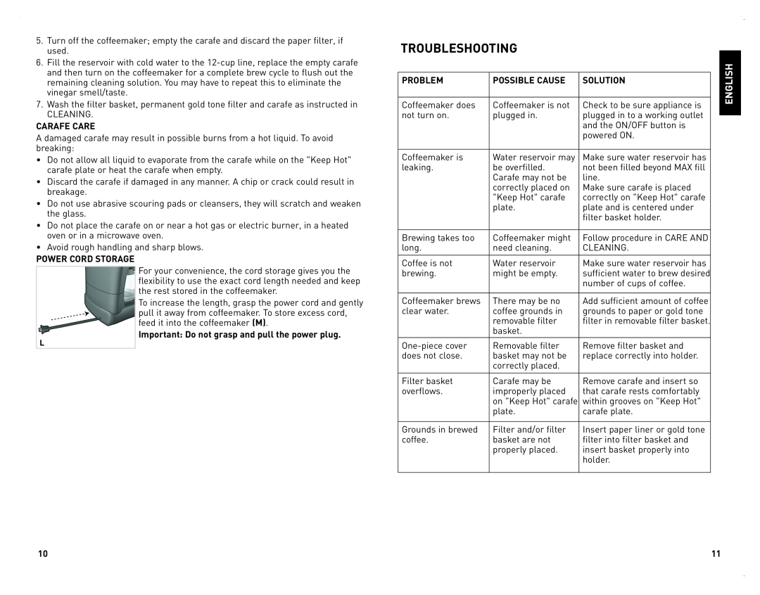 Black & Decker CM2070B manual Troubleshooting, English 