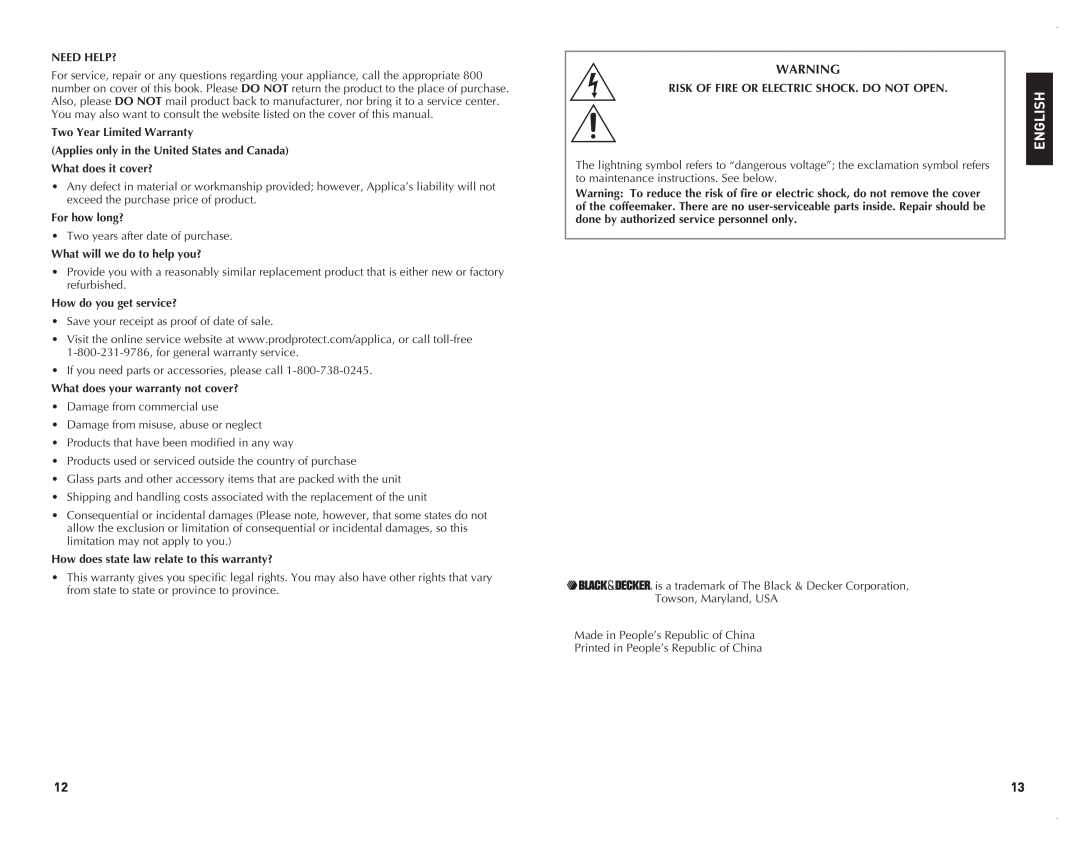 Black & Decker CM2070B manual English, Need Help? 