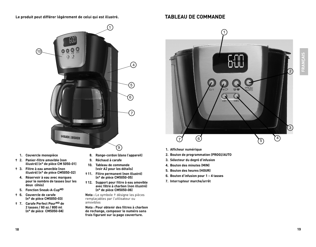 Black & Decker CM5050CUC manual Tableau DE Commande, Couvercle monopièce 