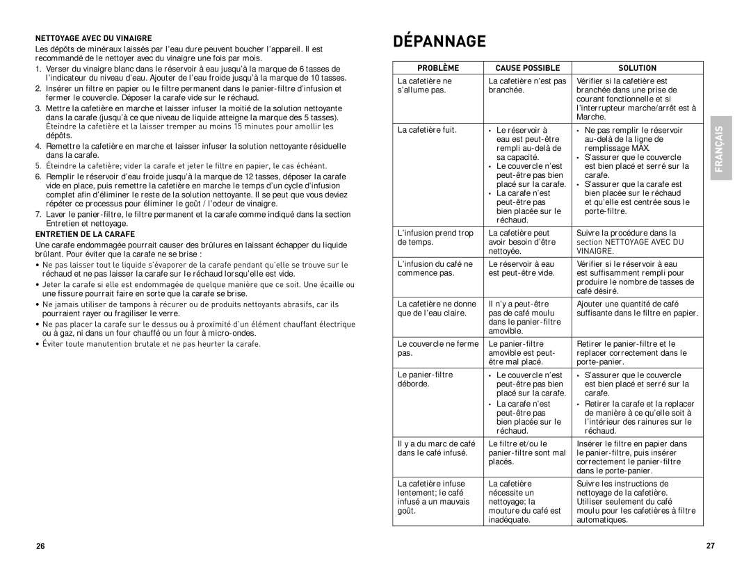 Black & Decker CM5050CUC manual Nettoyage Avec DU Vinaigre, Entretien DE LA Carafe, Problème Cause Possible Solution 