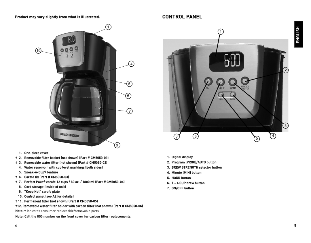 Black & Decker CM5050CUC manual Control Panel 