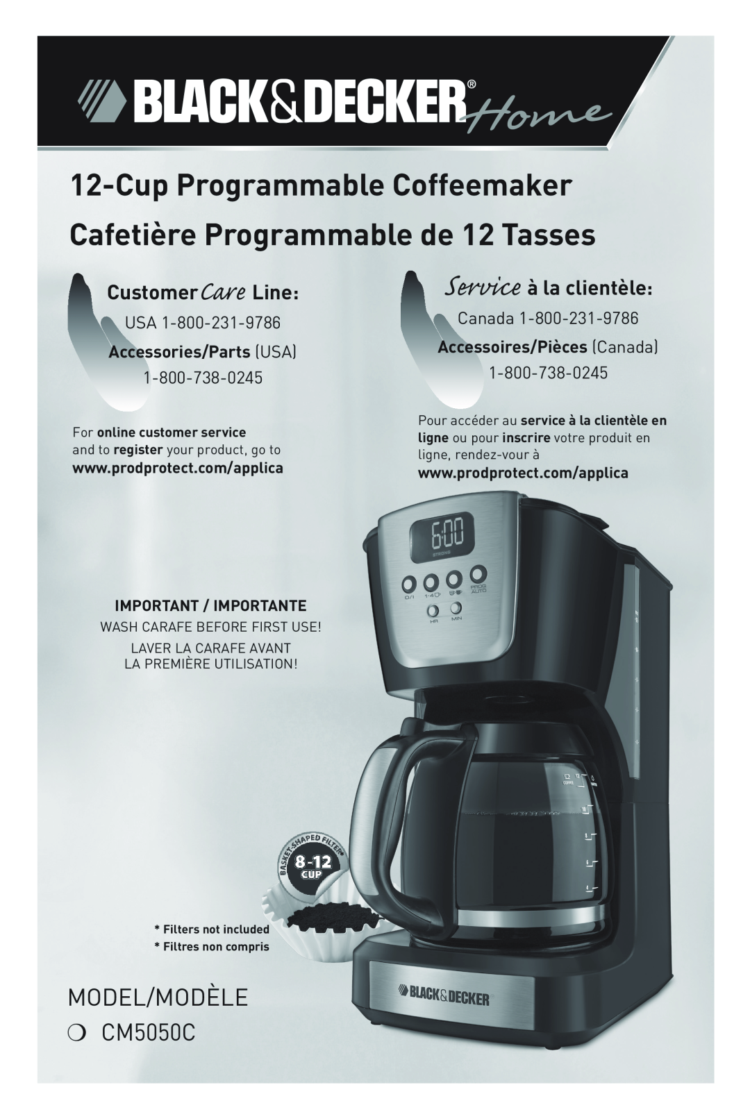 Black & Decker CM5050CUC manual Model/ModÈlE CM5050C, Cup Programmable Coffeemaker Cafetière Programmable de 12 Tasses 