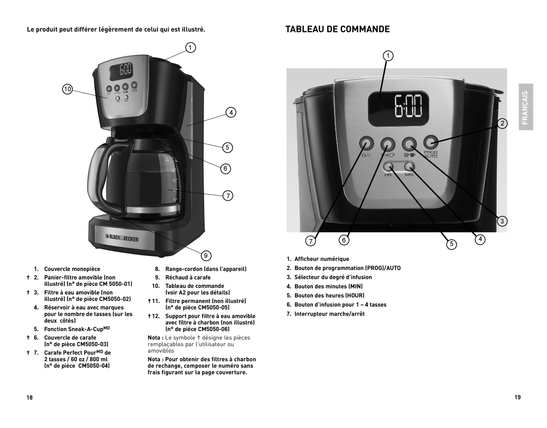 Black & Decker CM5050CUC Tableau De Commande, Français, Le produit peut différer légèrement de celui qui est illustré 