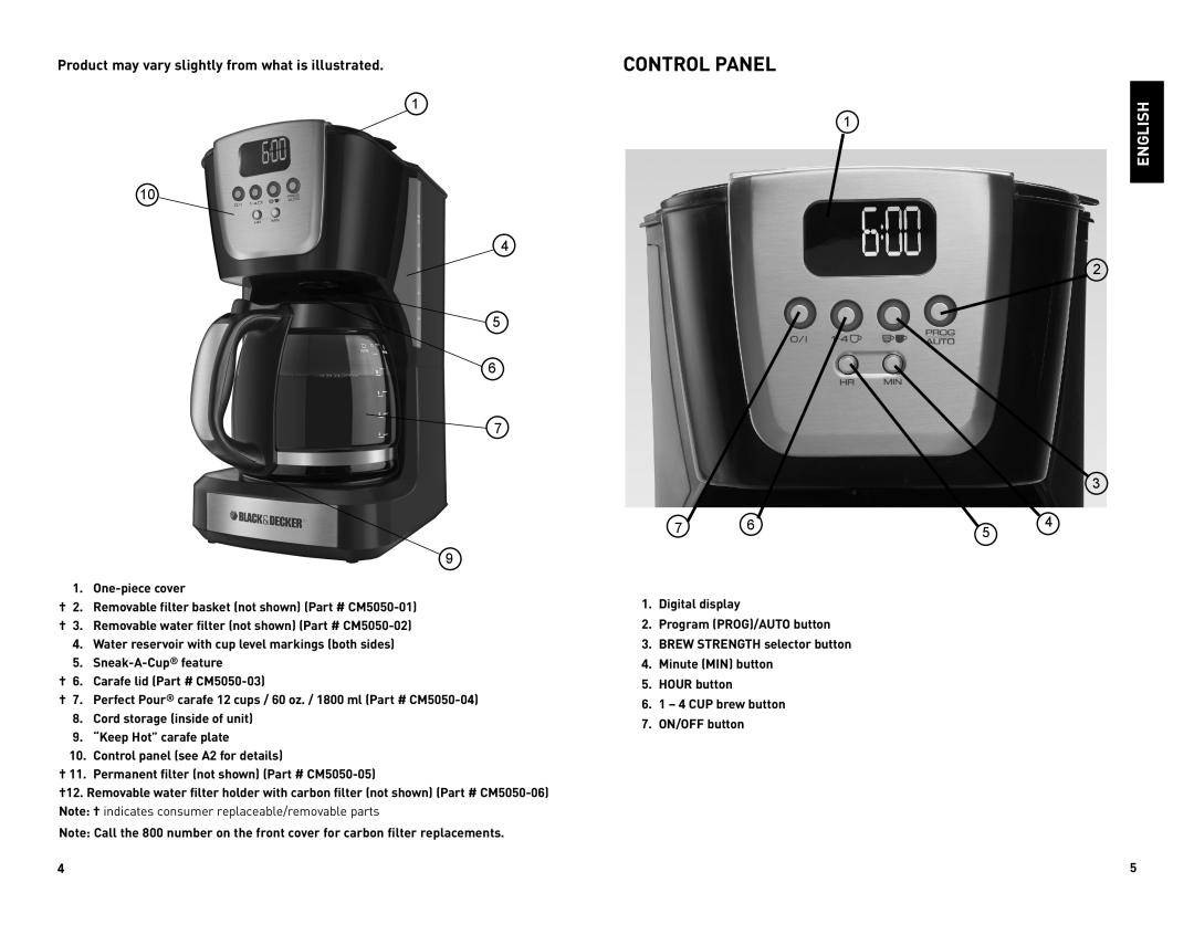Black & Decker CM5050CUC manual Control Panel, Product may vary slightly from what is illustrated, English 