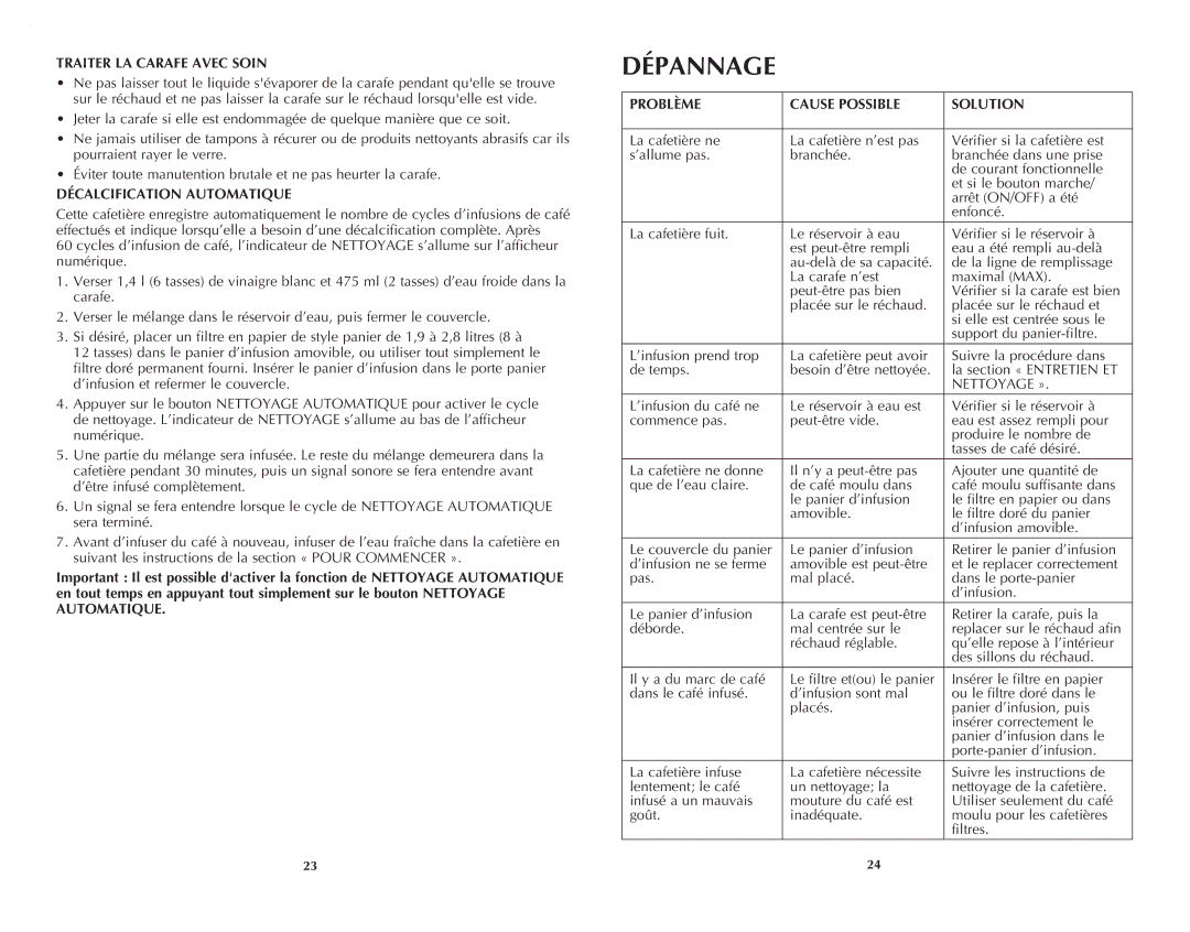 Black & Decker CM9050C manual Dépannage, Traiter LA Carafe Avec Soin, Décalcification Automatique, Nettoyage » 