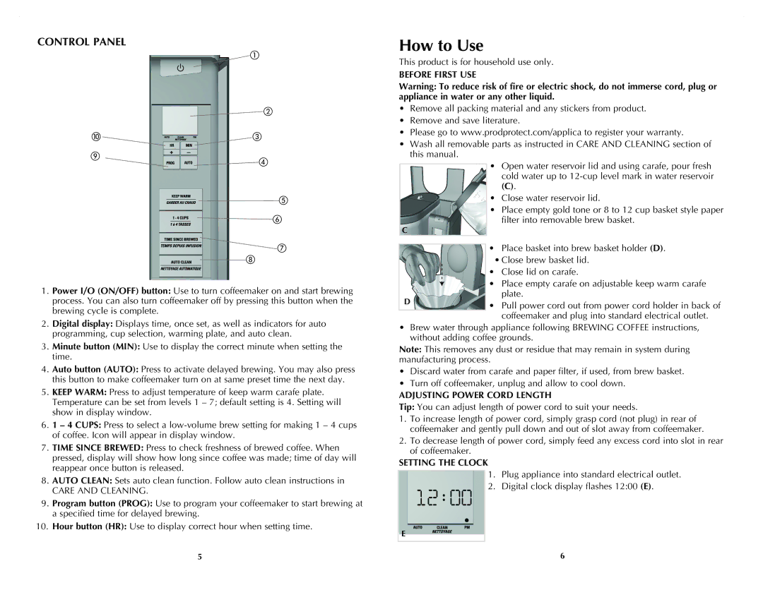 Black & Decker CM9050C manual How to Use, Control Panel, Before First USE, Adjusting Power Cord Length, Setting the Clock 