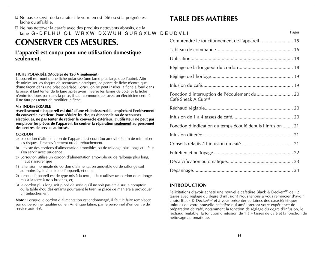 Black & Decker CM9050C manual Conserver CES Mesures, Table DES Matières, Fiche Polarisée Modèles de 120 V seulement, Cordon 