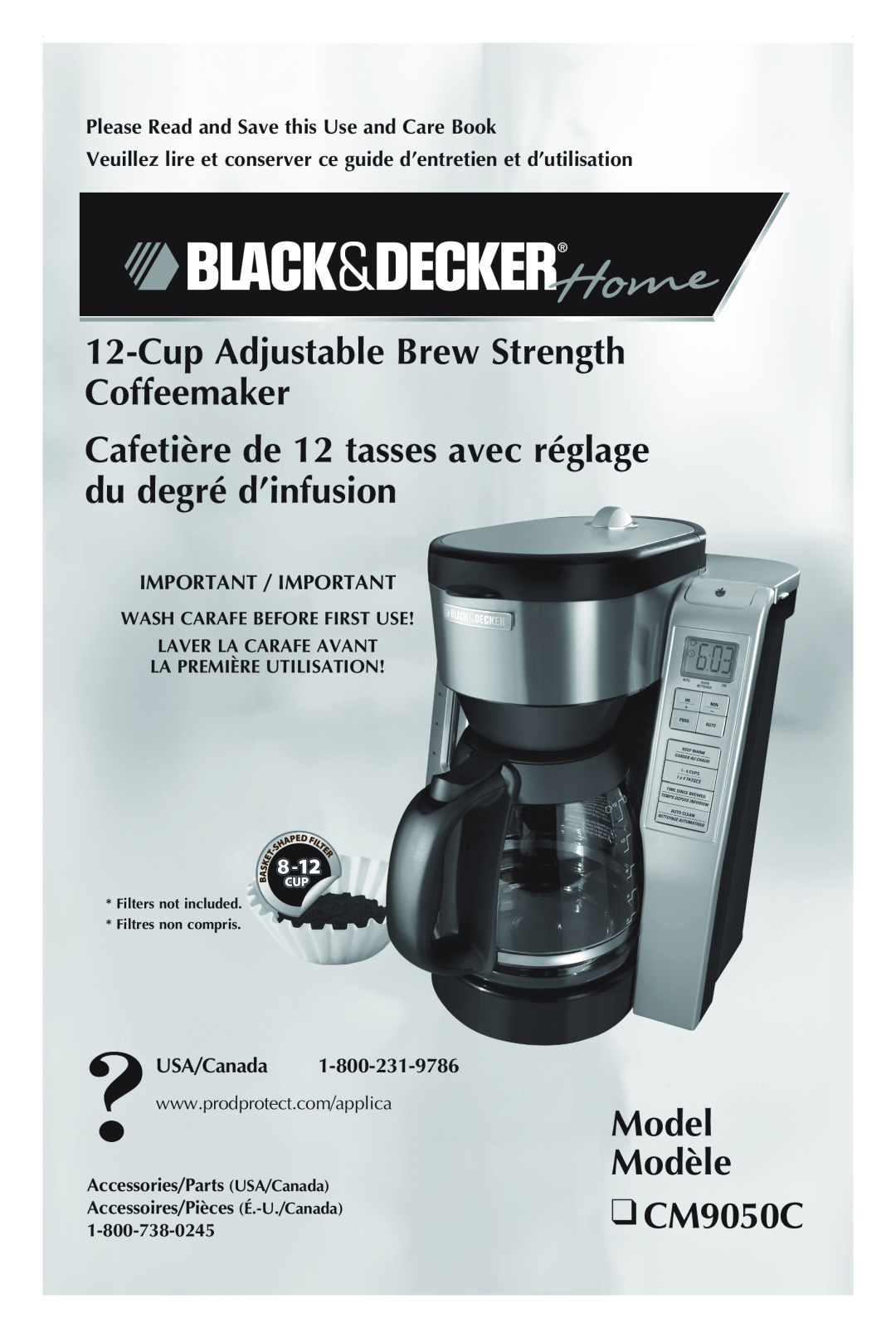 Black & Decker CM9050C manual CupAdjustable Brew Strength Coffeemaker, Cafetière de 12 tasses avec réglage, USA/Canada 