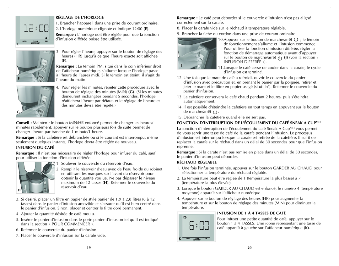 Black & Decker CM9050C manual Réglage De L’Horloge, Infusion Du Café, Réchaud Réglable, INFUSION DE 1 À 4 TASSES DE CAFÉ 