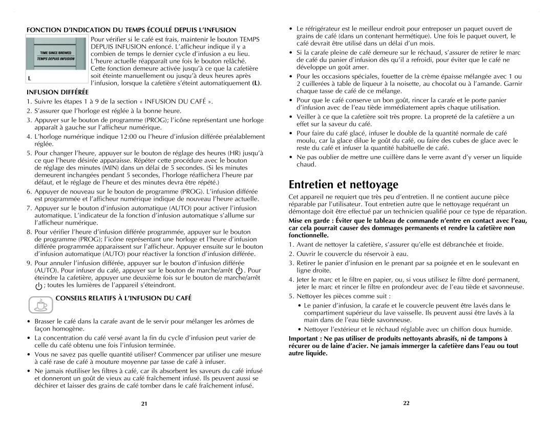Black & Decker CM9050C manual Entretien et nettoyage, Infusion Différée, Conseils Relatifs À L’Infusion Du Café 