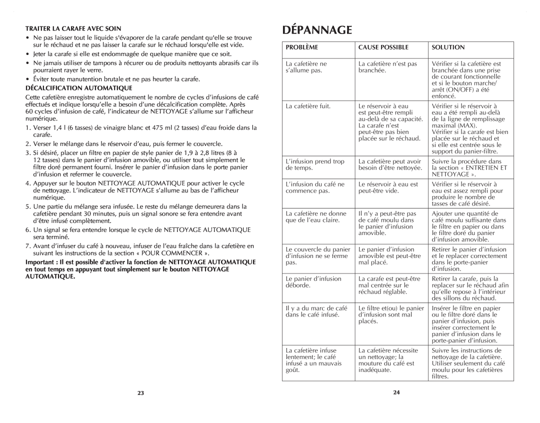 Black & Decker CM9050C manual Dépannage, Traiter La Carafe Avec Soin, Décalcification Automatique, Problème, Cause Possible 