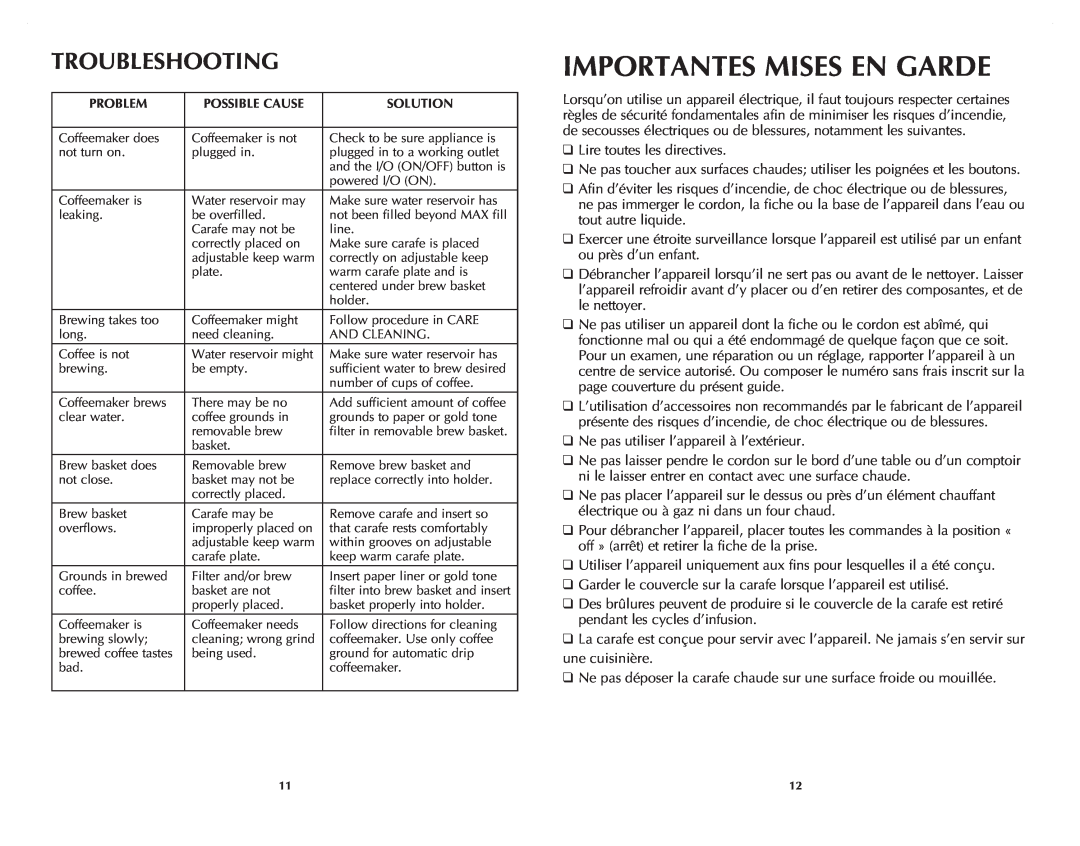 Black & Decker CM9050C manual Importantes Mises En Garde, Troubleshooting 
