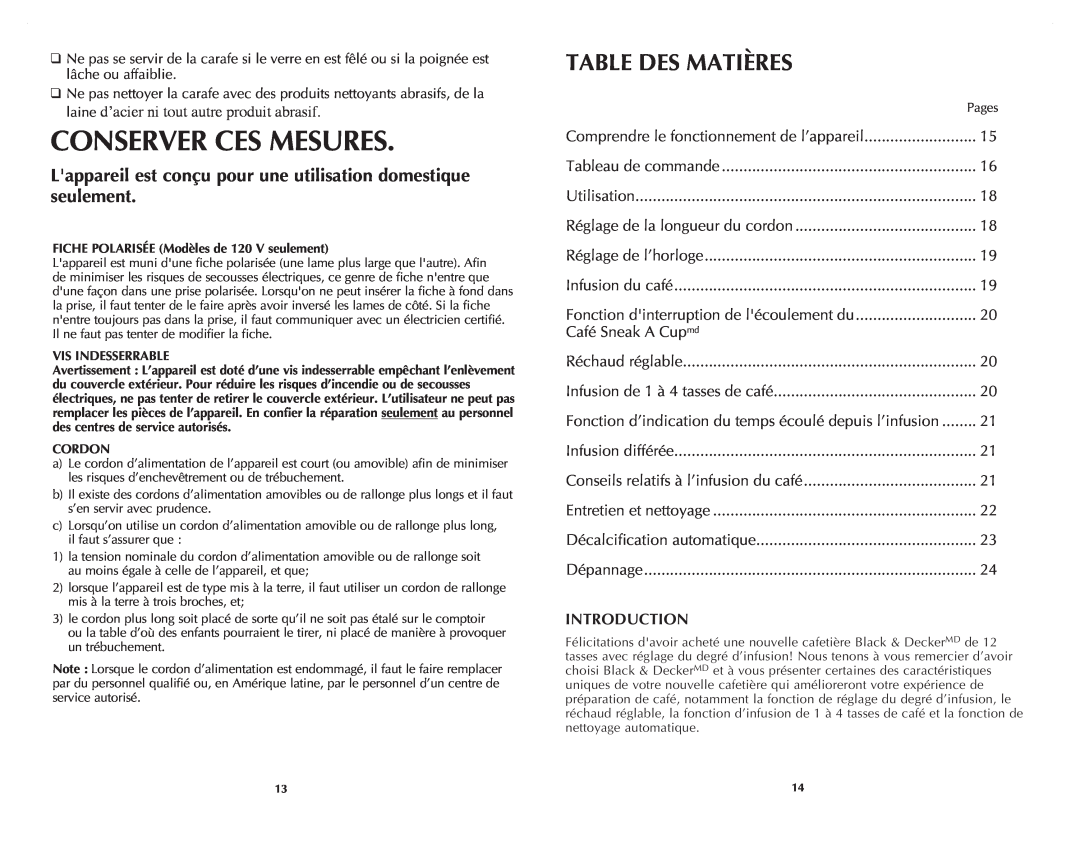 Black & Decker CM9050C manual Conserver Ces Mesures, Table Des Matières, Introduction 